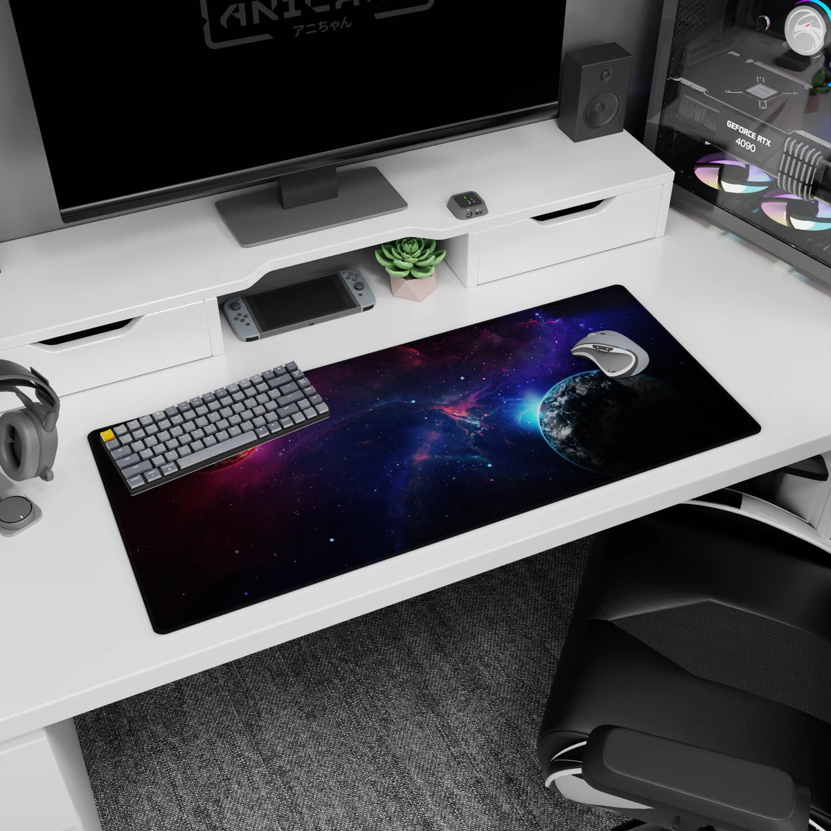 Two-planet starfield scene desk pad 36x16 inches with blue glow planet and warm shadowy planet.