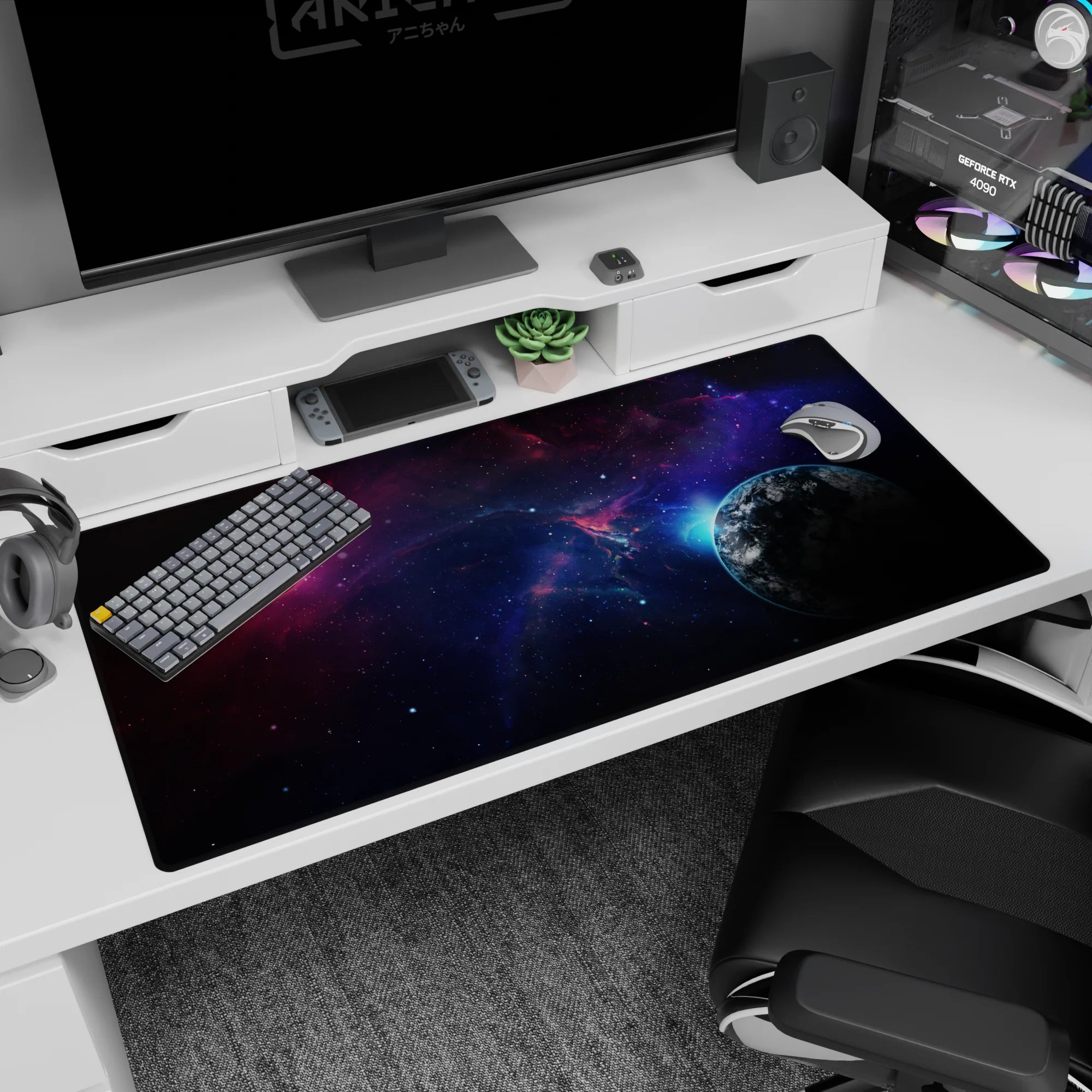Planet and starlit nebula scene desk pad 40x20 inches featuring a cool blue glow and a shadowy planet.