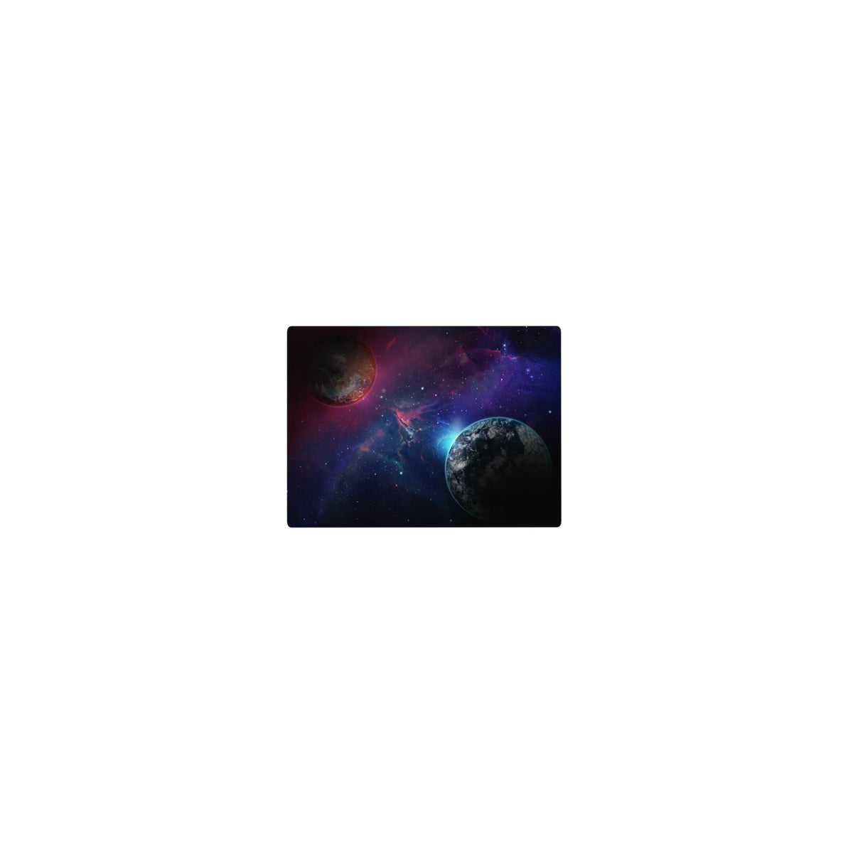 Deep-space galaxy swirl classic mouse pad 14x10 inches with planets, nebula clouds, and star specks.