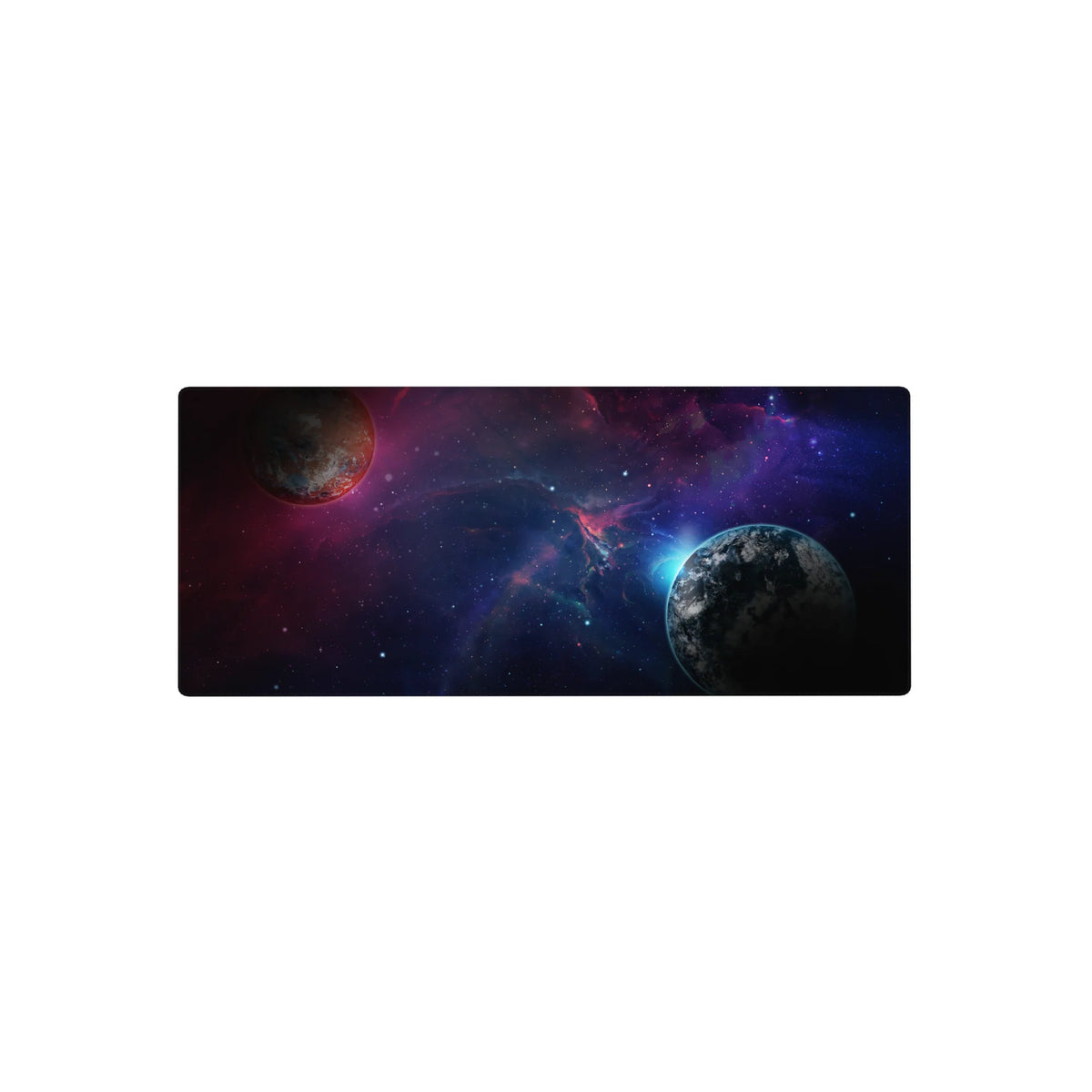 Deep space swirl galaxy mouse pad, 28x12 inches, with planets, star specks, and nebula clouds.