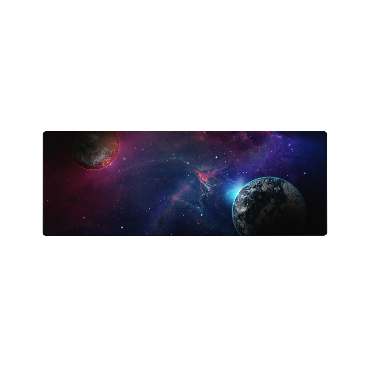 Deep-space galaxy desk mouse pad, star specks, nebula clouds, two planets, 32x12 inches.