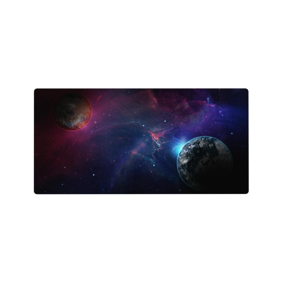 Deep-space galaxy desk mouse pad 32x16 inches with planets, star specks, and soft nebula clouds.