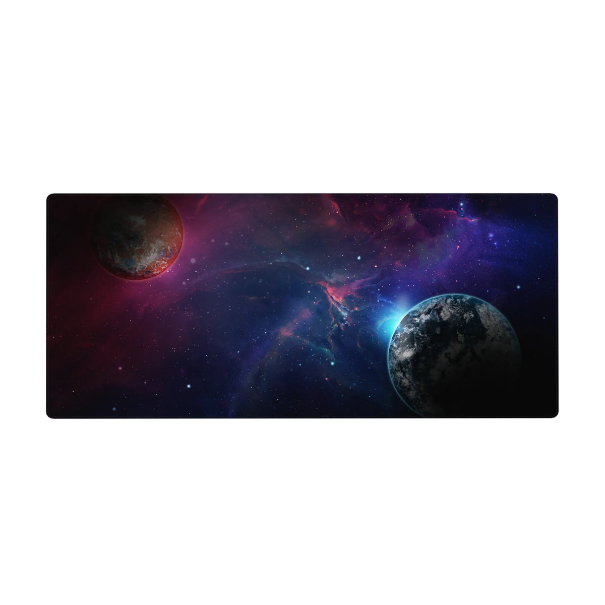 Deep space galaxy desk pad 36x16 inches with star specks, nebula clouds, and two planets.