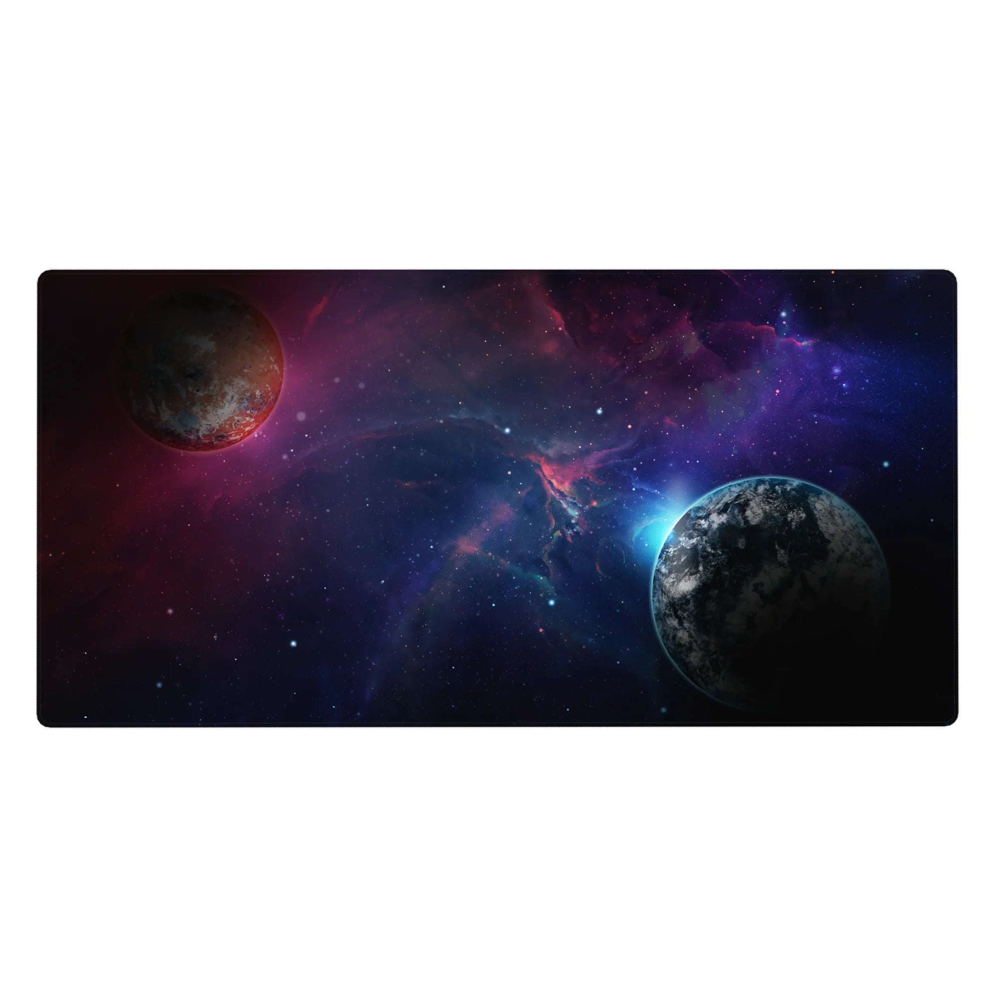 Deep space galaxy desk pad 40x20 inches with swirling nebula clouds, star specks, and two planets.