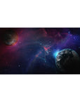 Deep space galaxy desk pad 40x20 inches with swirling nebula clouds, star specks, and two planets.