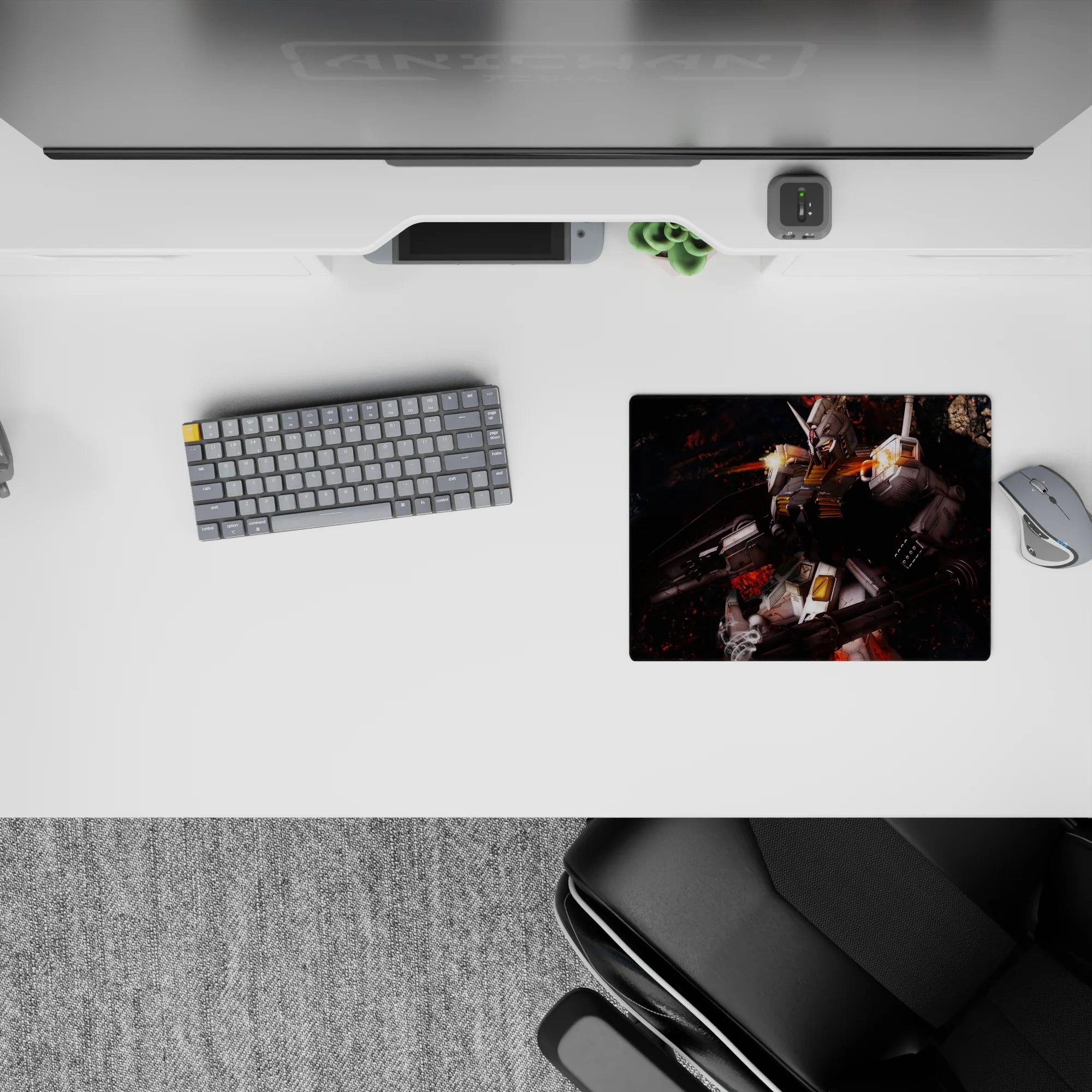 Smoky battlefield anime mouse pad 14x10 inches in ashy blacks, ember reds, crisp whites, and yellow accents.