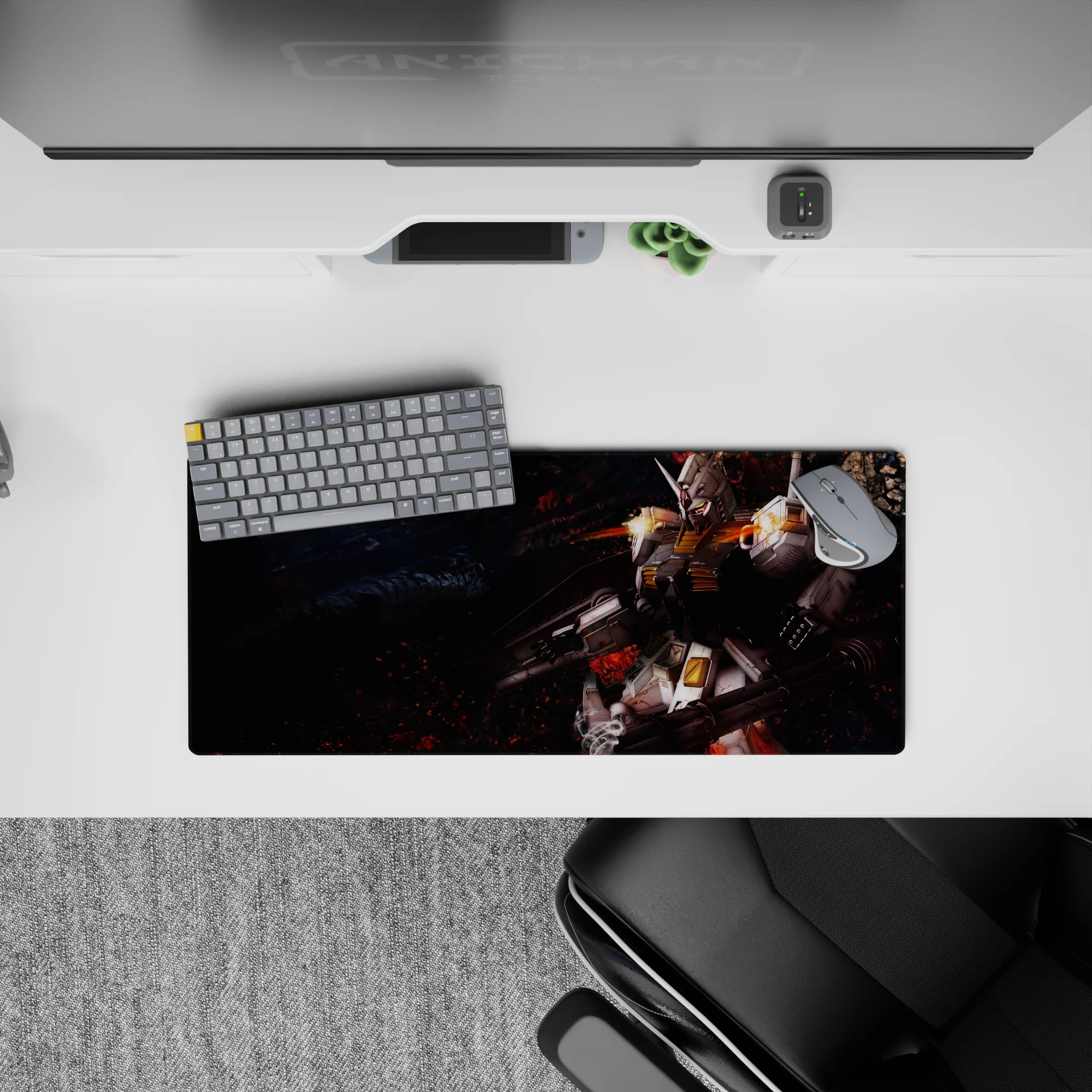 28x12 inches anime mouse pad in ashy blacks and ember reds with bright yellow vents and smoky battlefield mood.