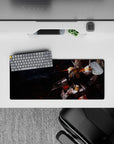 28x12 inches anime mouse pad in ashy blacks and ember reds with bright yellow vents and smoky battlefield mood.