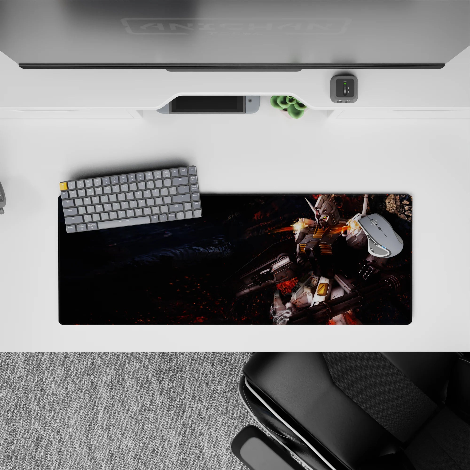 32x12 inches anime mouse pad in ashy blacks and ember reds with crisp white armor and yellow accents.