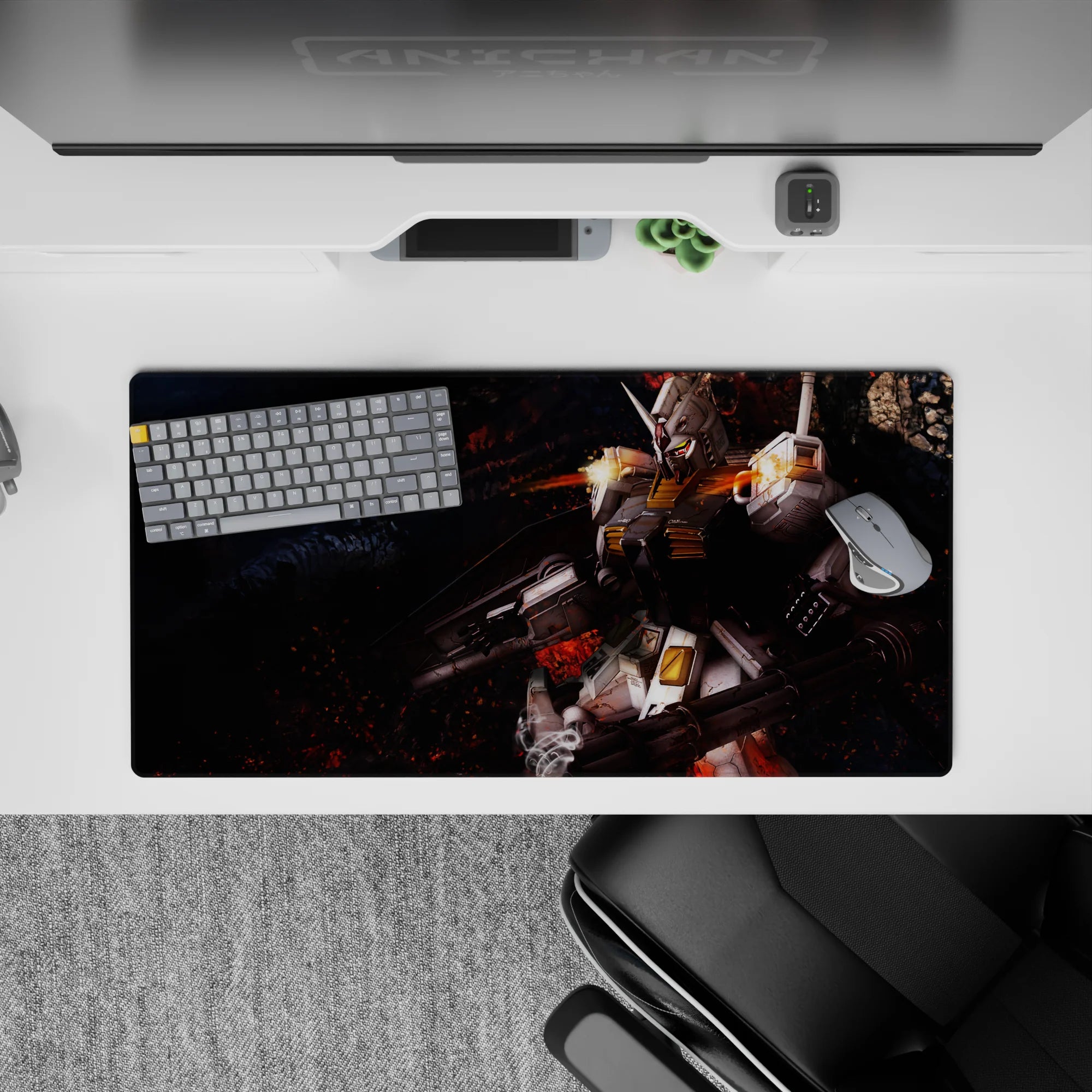 32x16 inches anime mouse pad with smoky black and ember red backdrop, bright yellow vents, bold vibe.