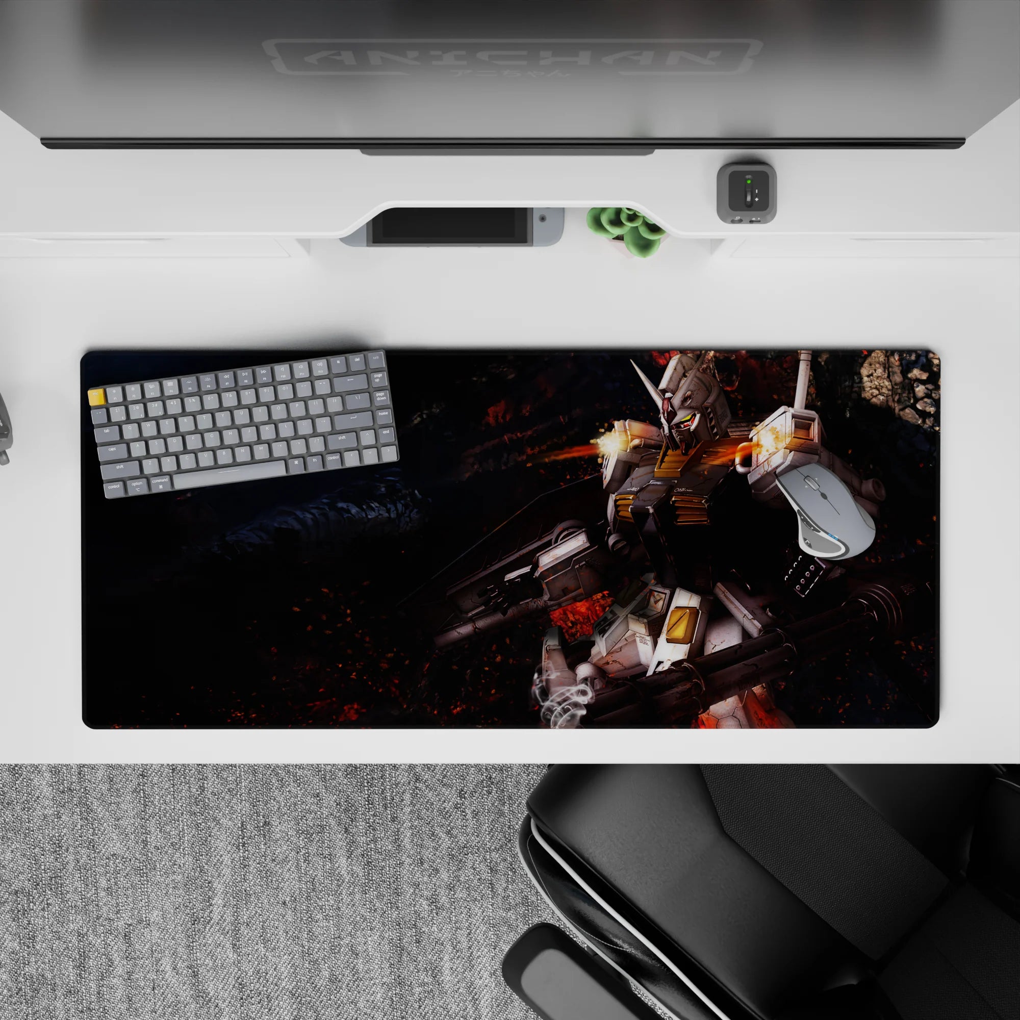 Smoky black and ember red 36x16 inches anime desk pad with bright yellow accents and high-contrast vibe.