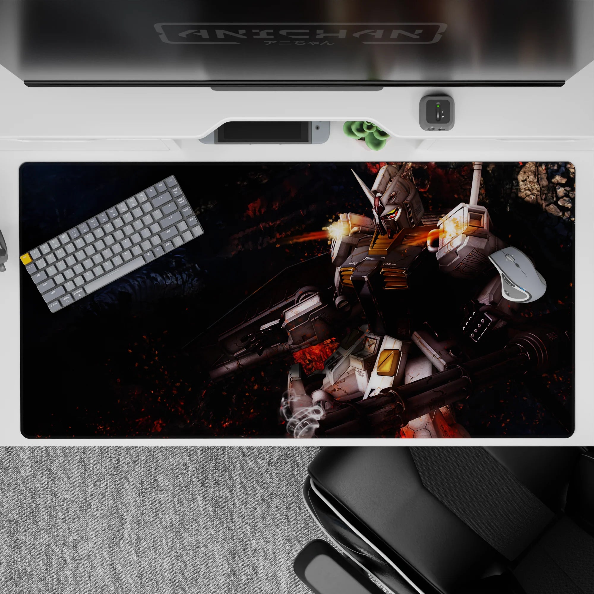 Anime desk pad 40x20 inches in ashy blacks and ember reds with crisp white armor and yellow accents.