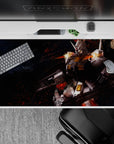Anime desk pad 40x20 inches in ashy blacks and ember reds with crisp white armor and yellow accents.