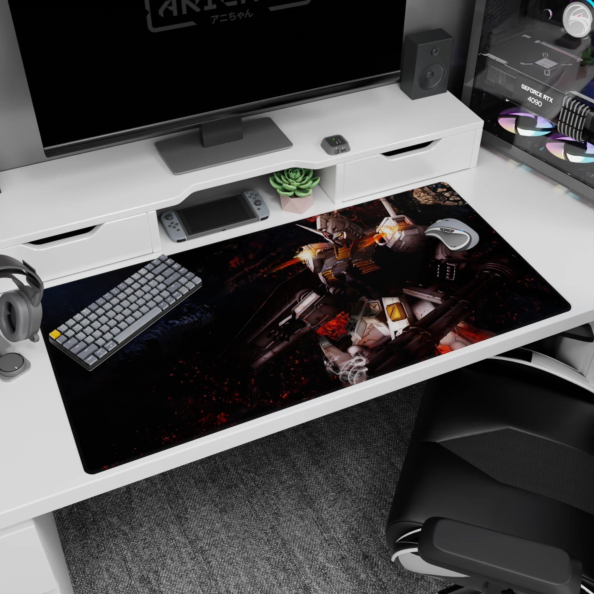 Mobile Suit Gundam desk pad 40x20 inches showing RX-78-2 charging through smoke, cannon firing.