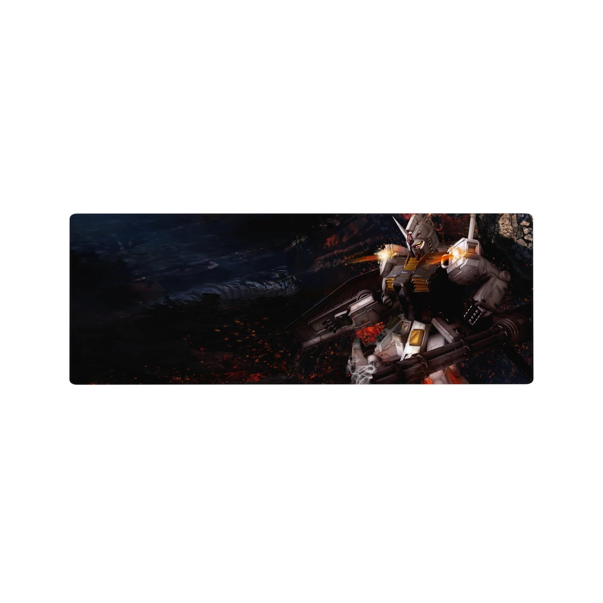 32x12 inches anime mouse pad with RX-78-2 Gundam firing a cannon in a smoky battlefield design.