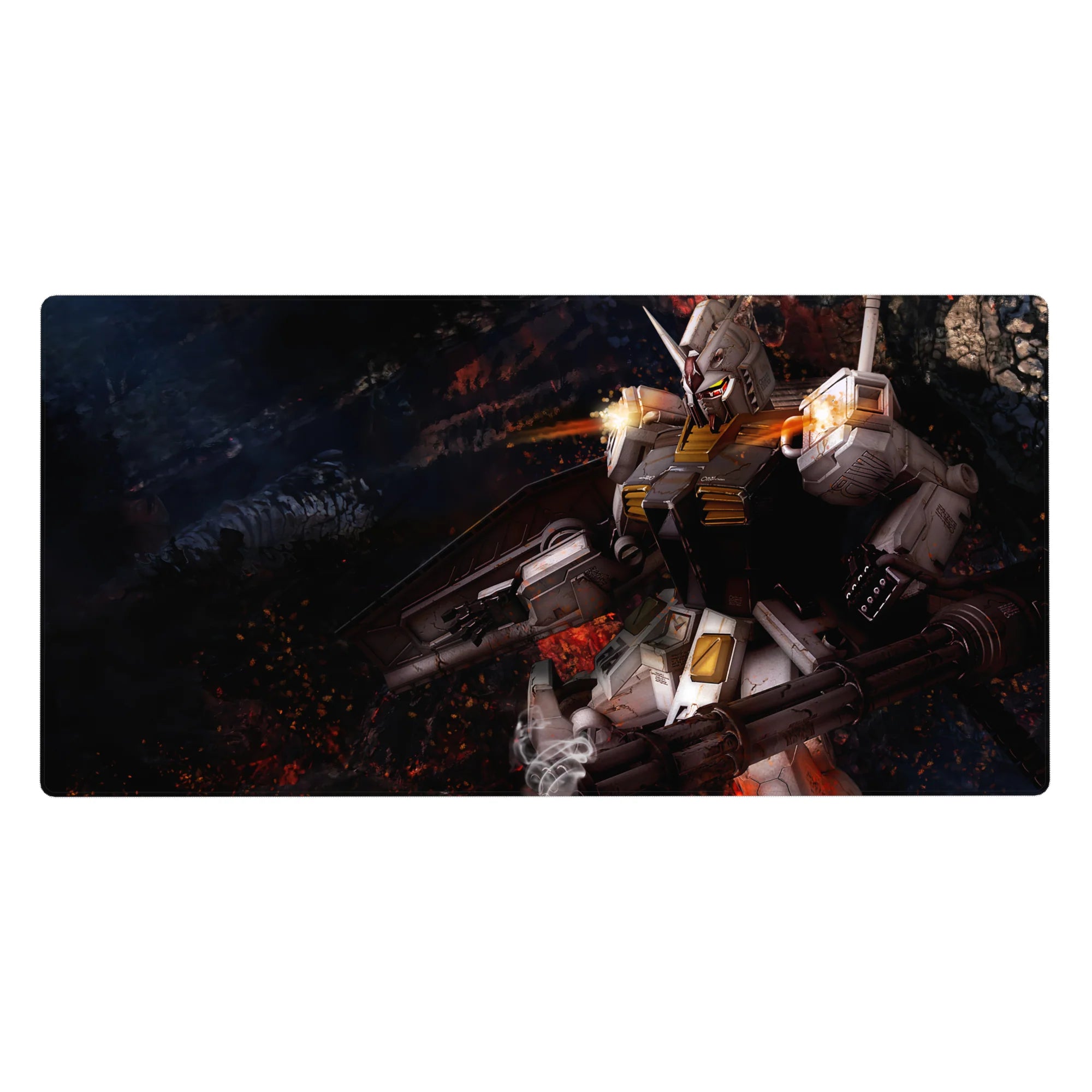 RX-78-2 Gundam anime desk pad 40x20 inches with smoky battlefield and blazing cannon design.