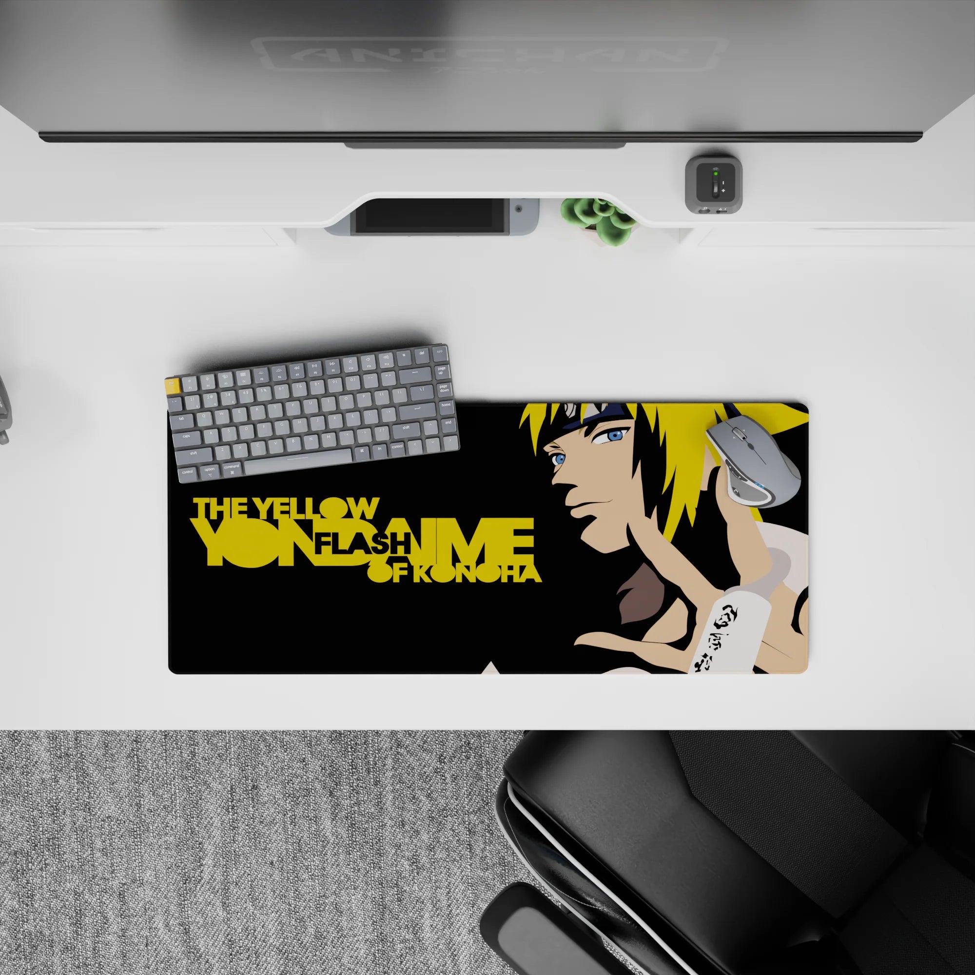 28x12 inches anime mouse pad in sleek black and gold, bright yellow hair accents, modern ninja vibe.
