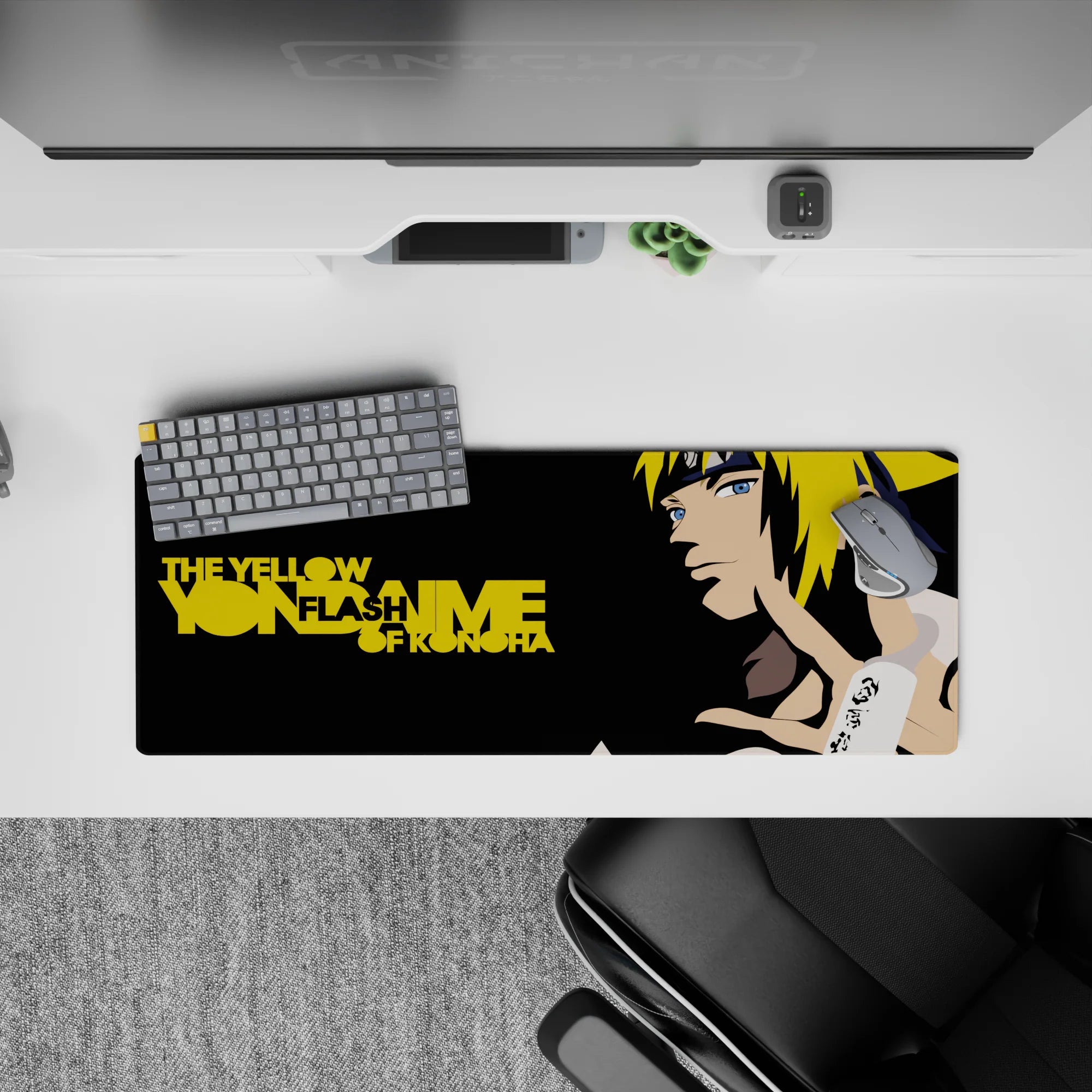 32x12 inches anime desk mat in sleek black and gold, lightning-bright hair accents, modern ninja vibe.