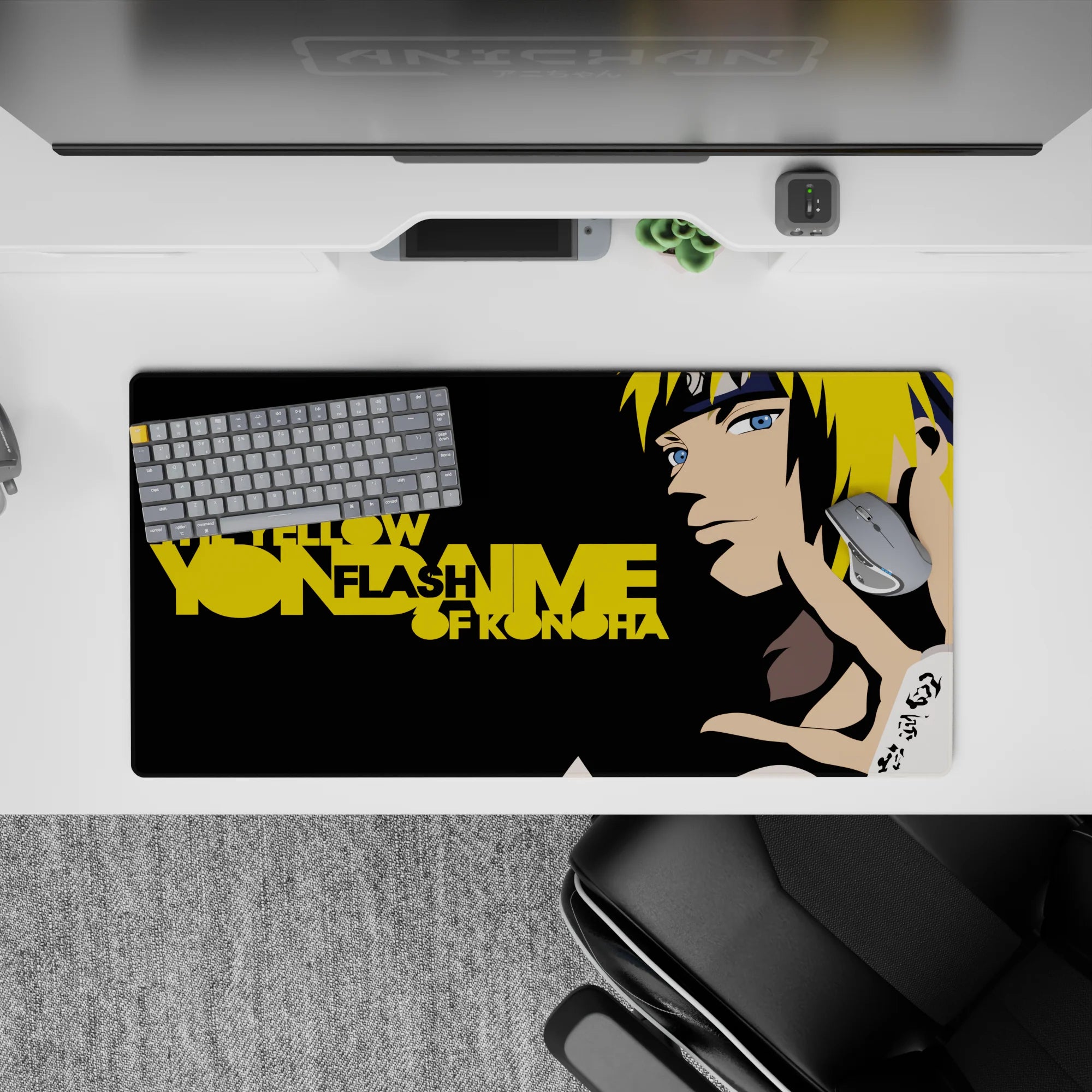 32x16 inches anime mouse pad in sleek black and gold, lightning-blond accents and modern ninja vibe.