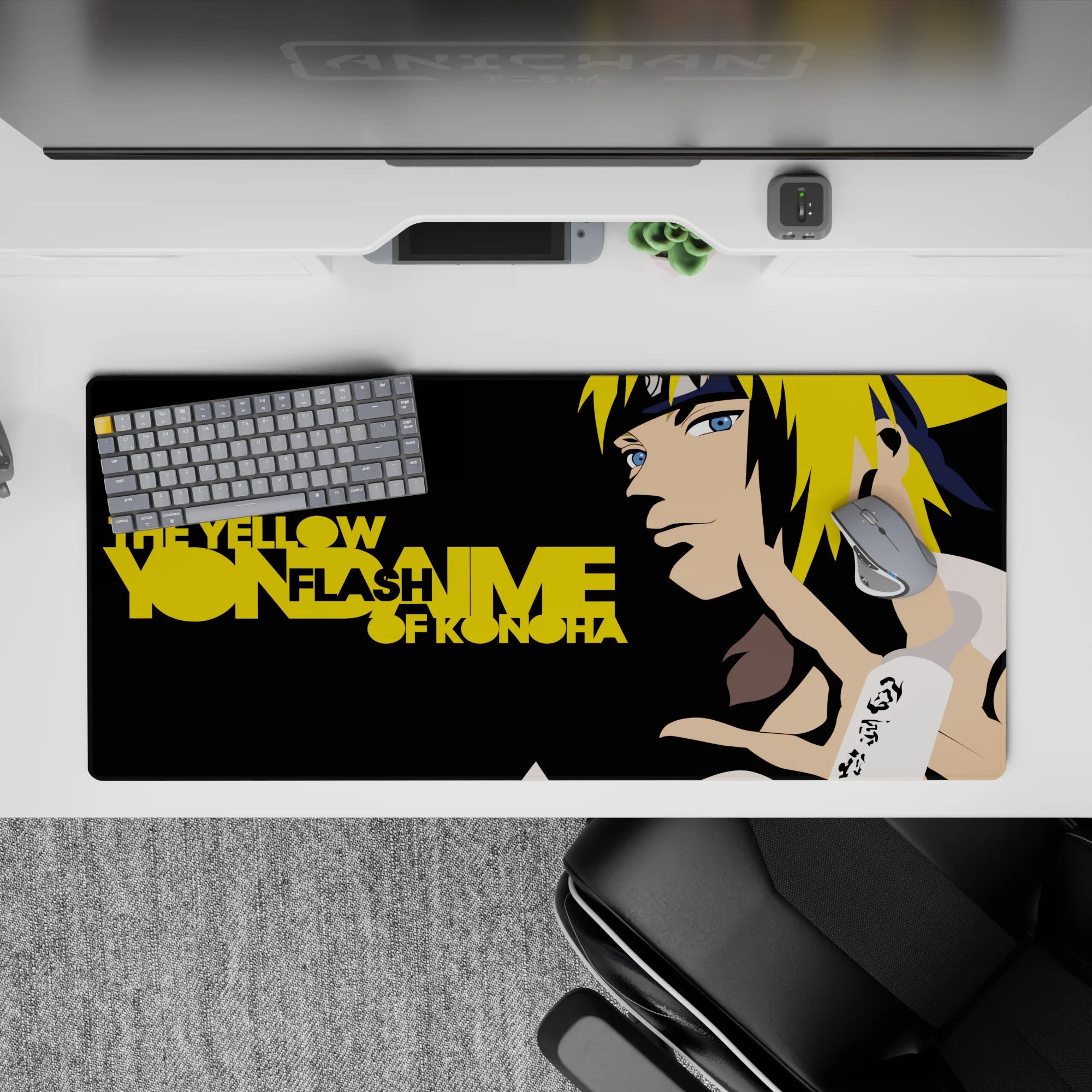 36x16 inches Naruto desk pad with sleek black space, golden text, and bright yellow hair for a modern vibe.