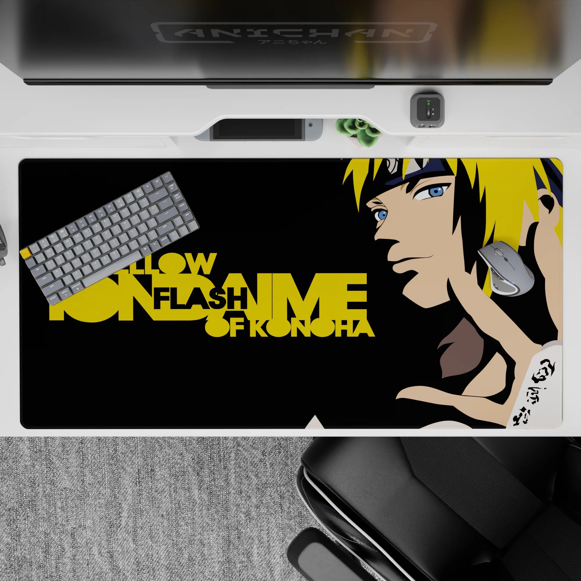 Black and gold Naruto desk pad with bright yellow hair lightning vibe, 40x20 inches.