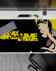 Black and gold Naruto desk pad with bright yellow hair lightning vibe, 40x20 inches.
