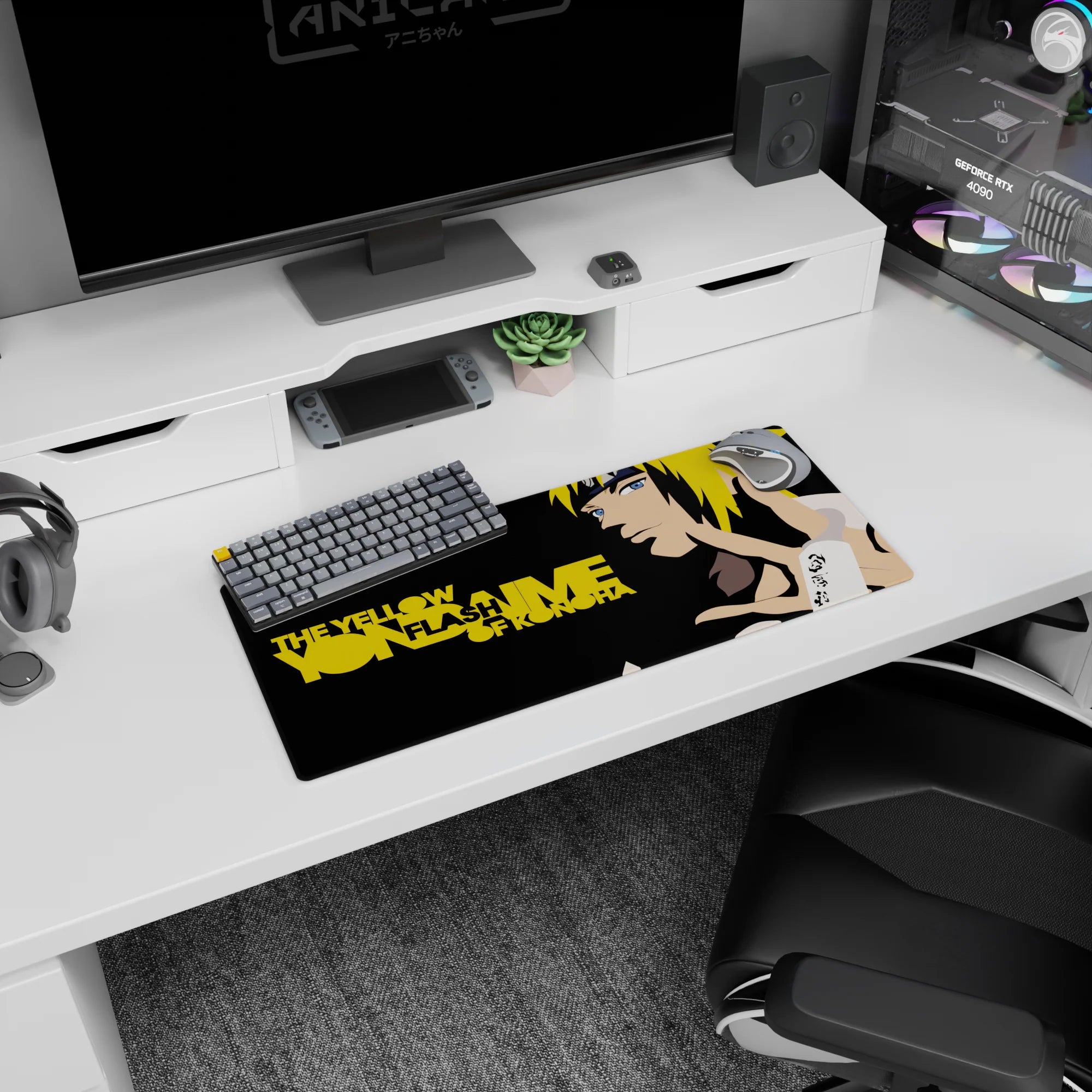 28x12 inches Naruto mouse pad showing Minato Namikaze poised for jutsu in clean vector style.
