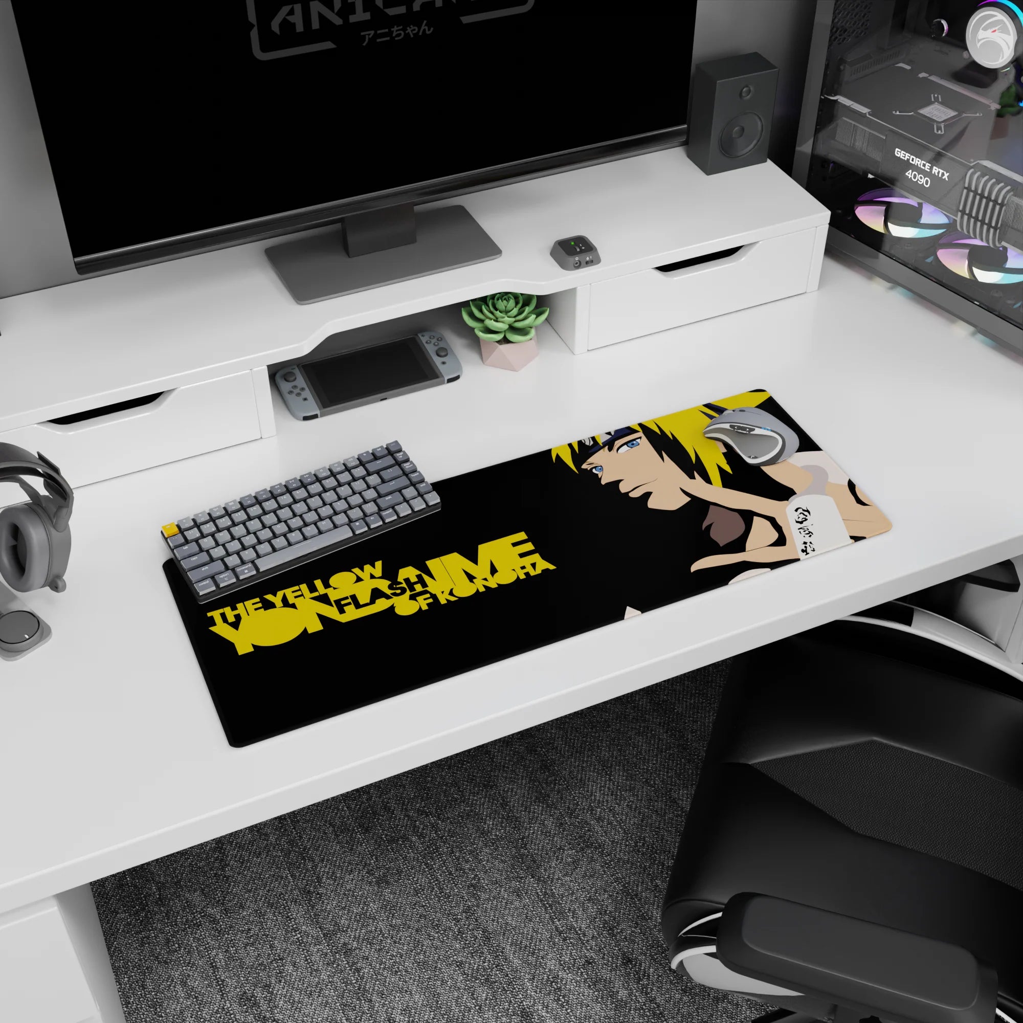 32x12 inches Naruto mouse pad featuring Minato Namikaze poised for jutsu in crisp clean vector style.