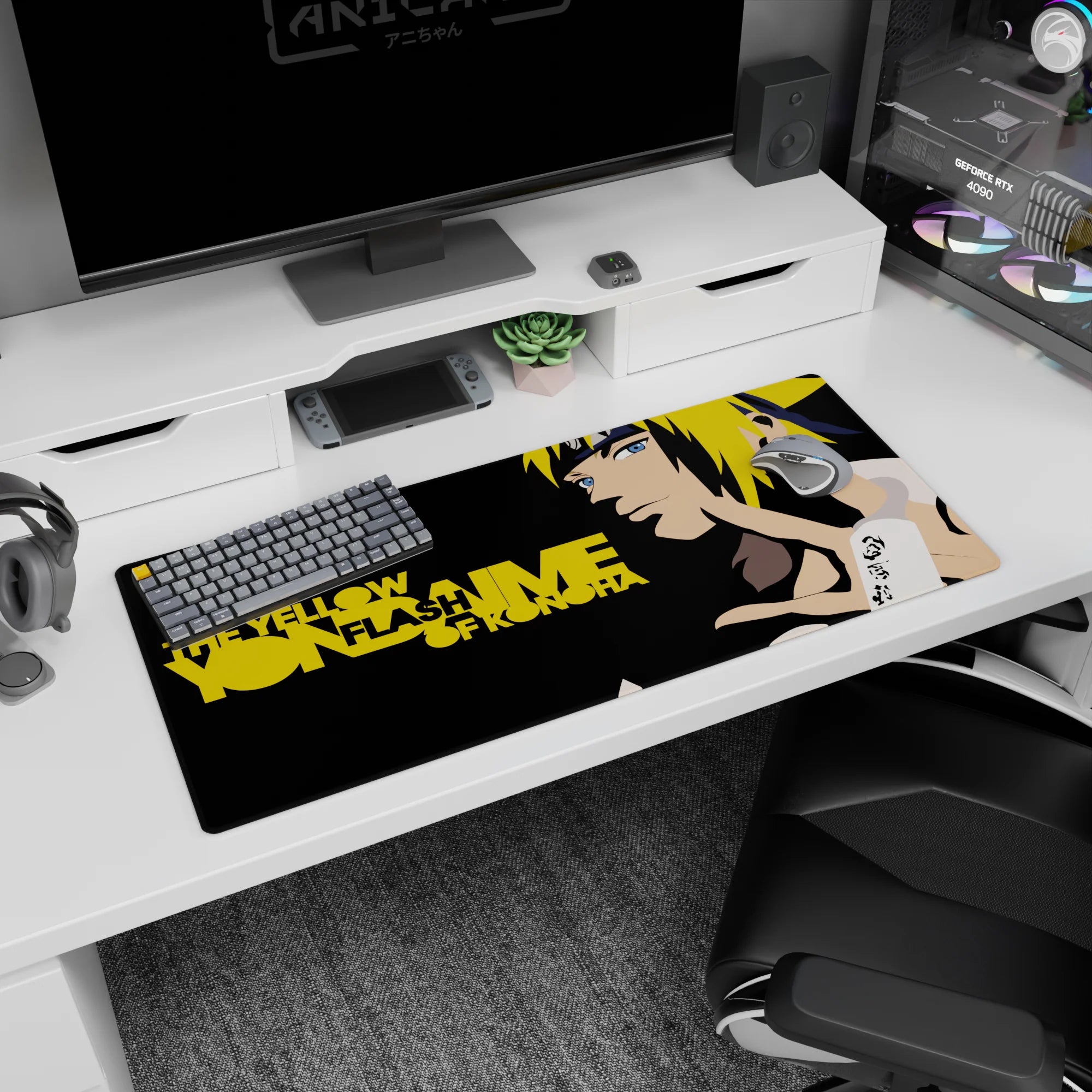36x16 inches desk pad showing Minato the Yellow Flash poised for a jutsu in crisp vector style.