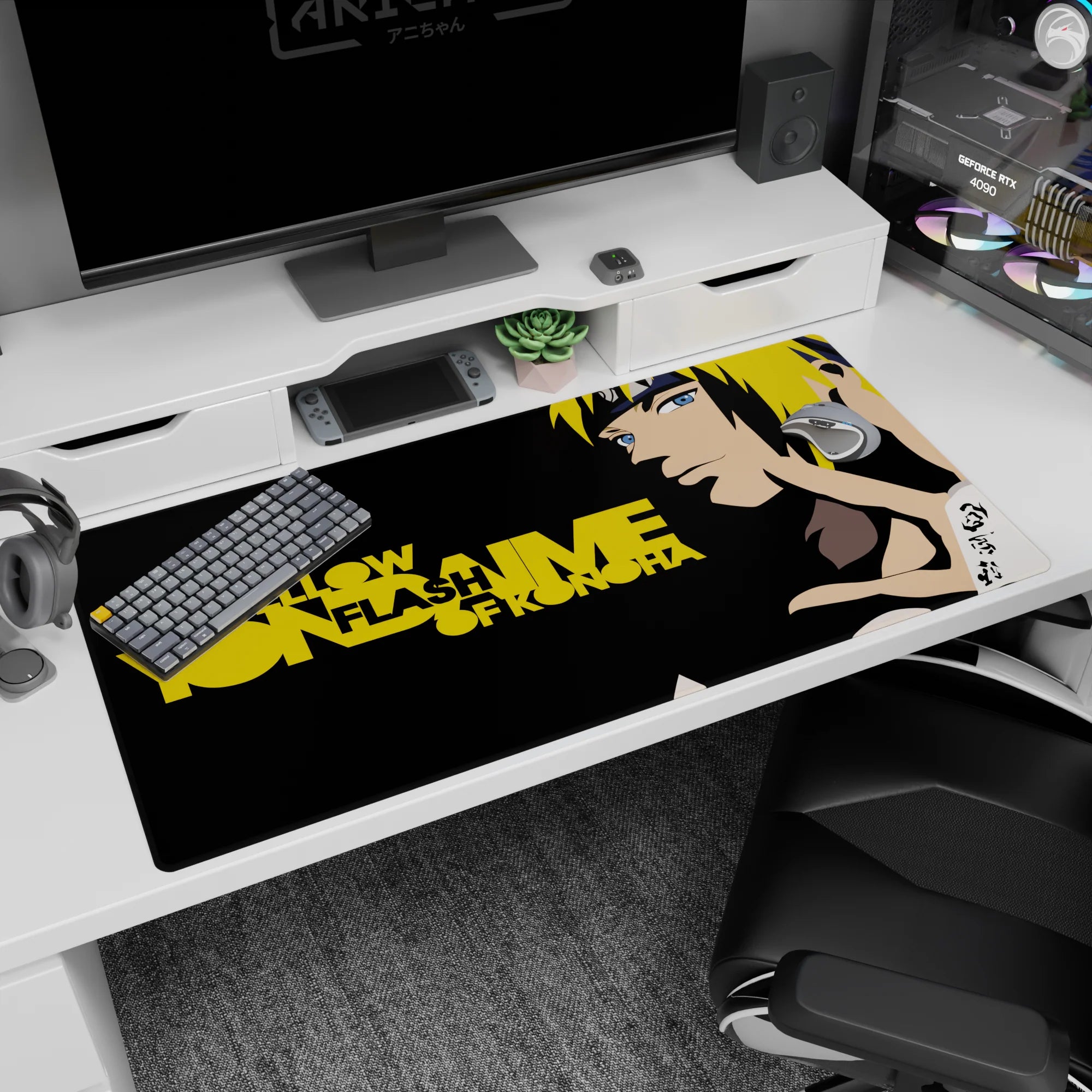 Yellow Flash Minato stares forward, hand ready for jutsu on desk pad, 40x20 inches.