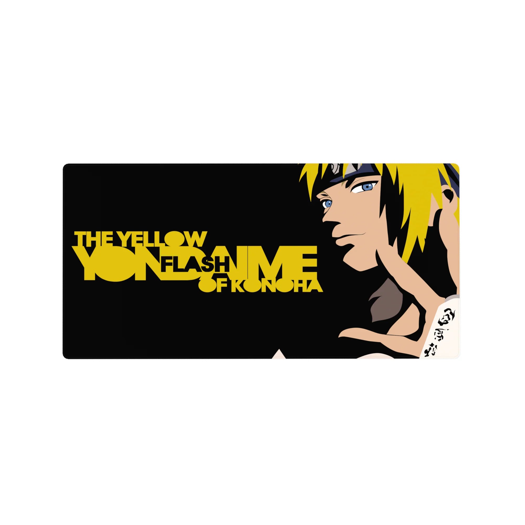 32x16 inches anime mouse pad with Minato Namikaze vector art, bold black background and gold typography.