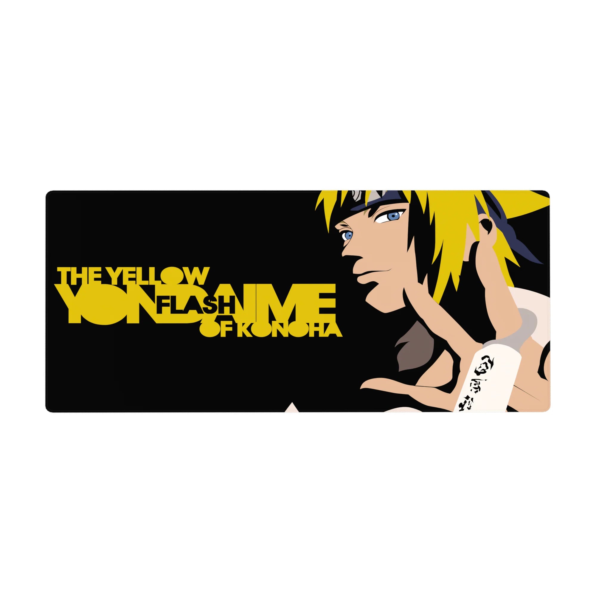 36x16 inches anime desk pad with Minato Namikaze vector art, bold black background and gold typography.