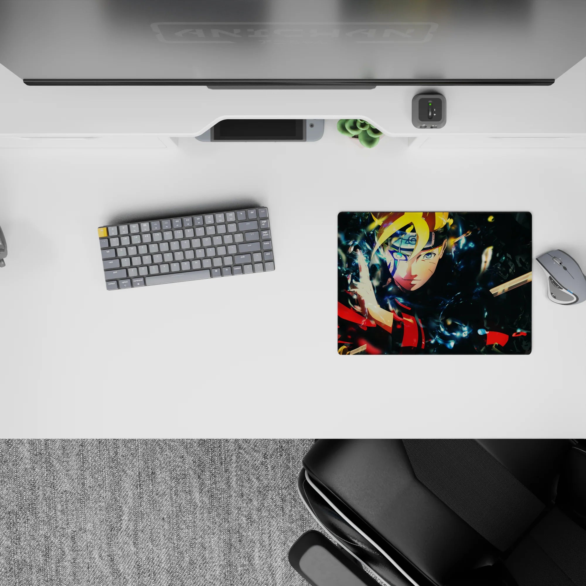 Anime mouse pad 14x10 inches in electric blues, warm reds and golds, with smoky black crackle energy.