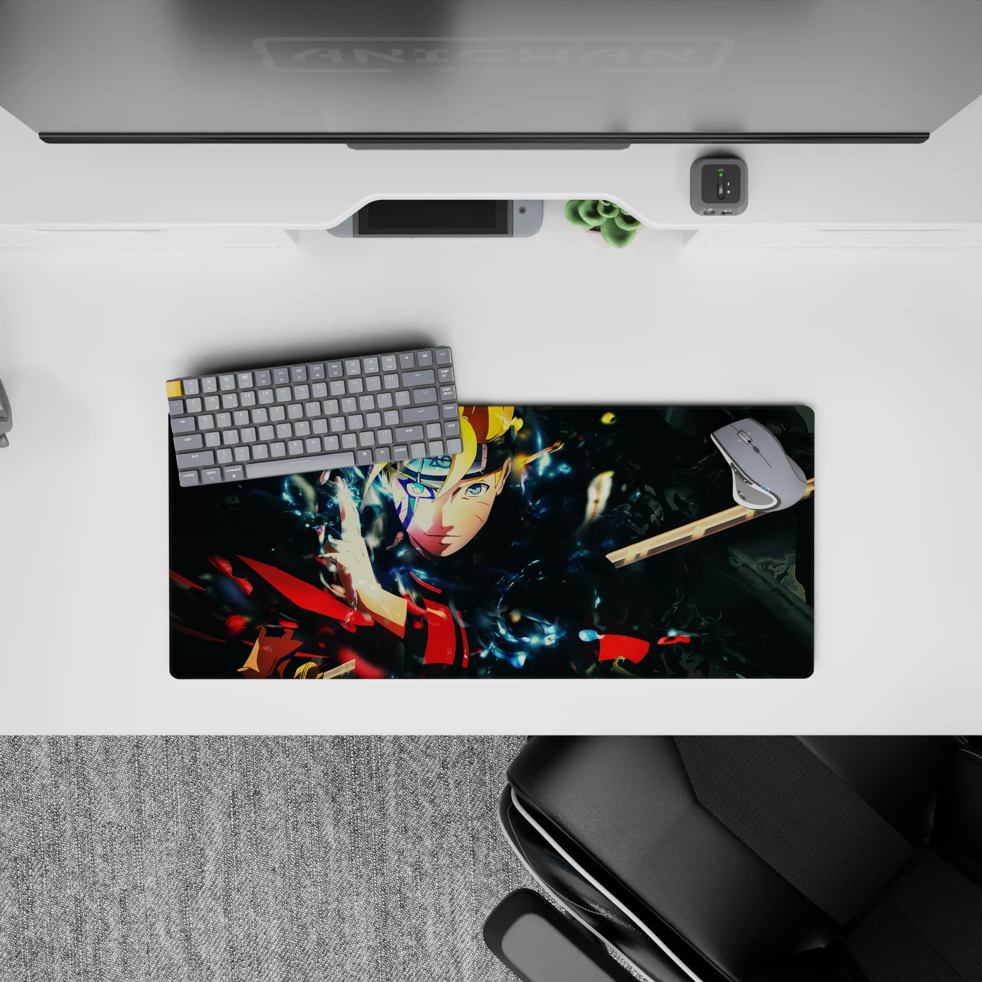 28x12 inches anime mouse pad in electric blues, warm reds and golds, smoky black shards, high-energy vibe.