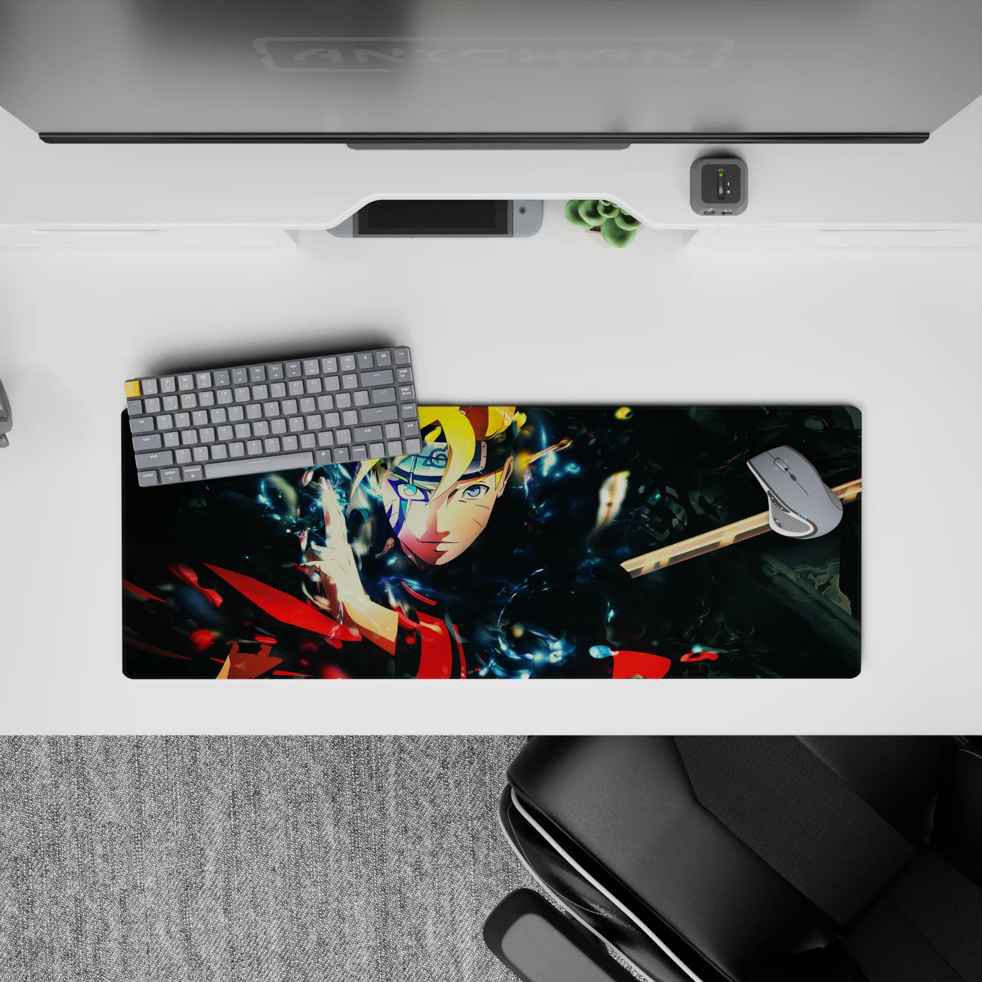 32x12 inches anime mouse pad in electric blues with warm reds and golds, crackling energy and bold mood.