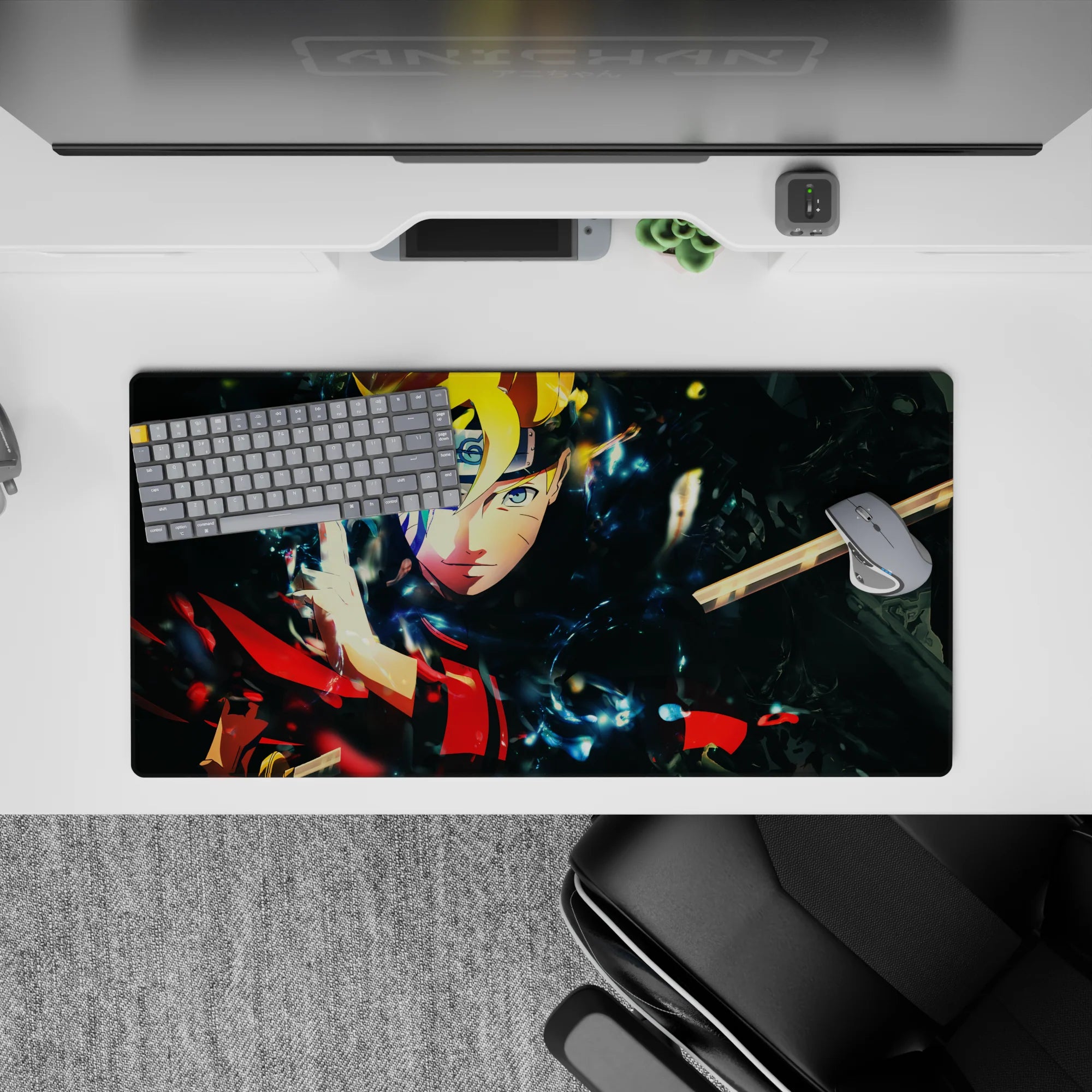 32x16 inches anime mouse pad in electric blues, warm reds and golds, with smoky black energy and speed vibe.