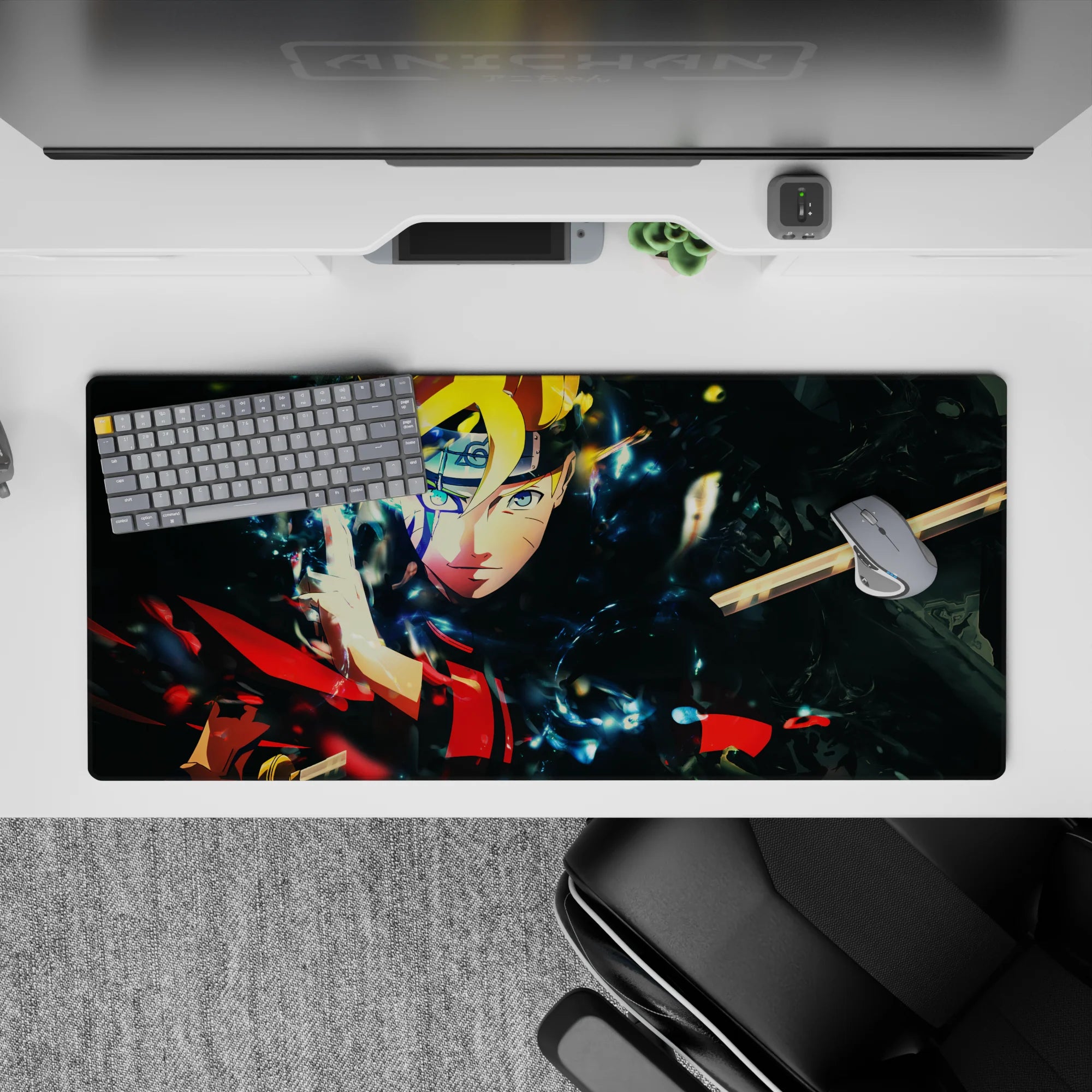 36x16 inches anime desk pad in electric blues, warm reds and golds, with smoky black shards and high-energy vibe.