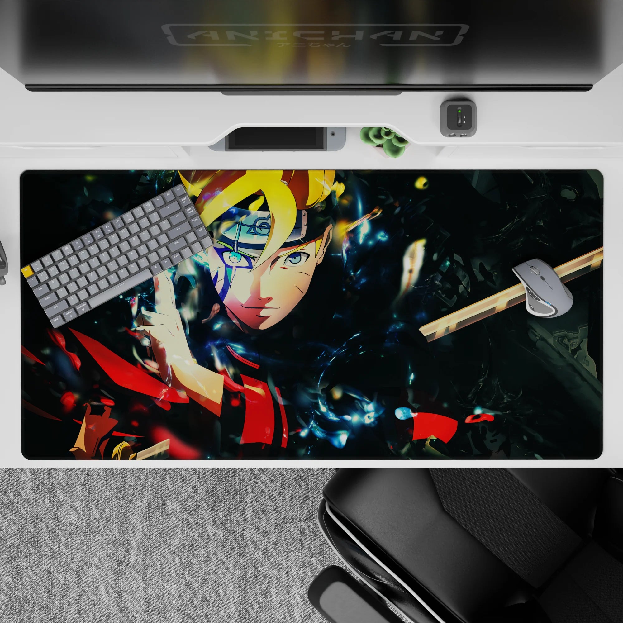 40x20 inches anime desk pad in electric blues, warm reds and gold, fast sleek vibe with headband shine.