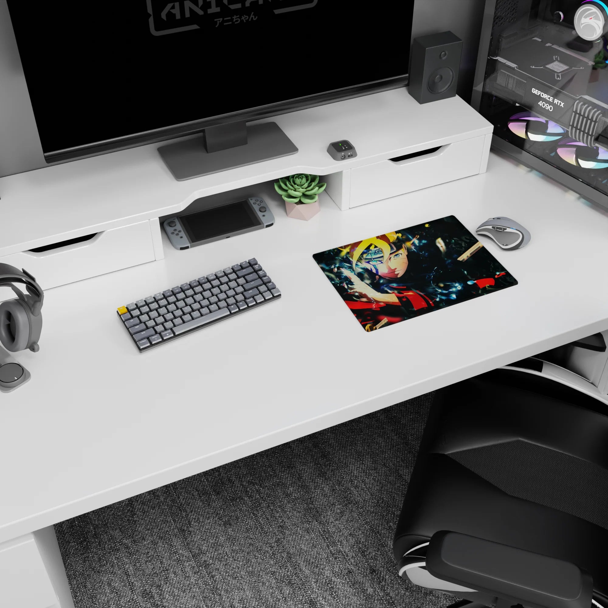 Anime mouse pad 14x10 inches featuring Boruto Uzumaki staring forward with a calm grin amid energy shards.
