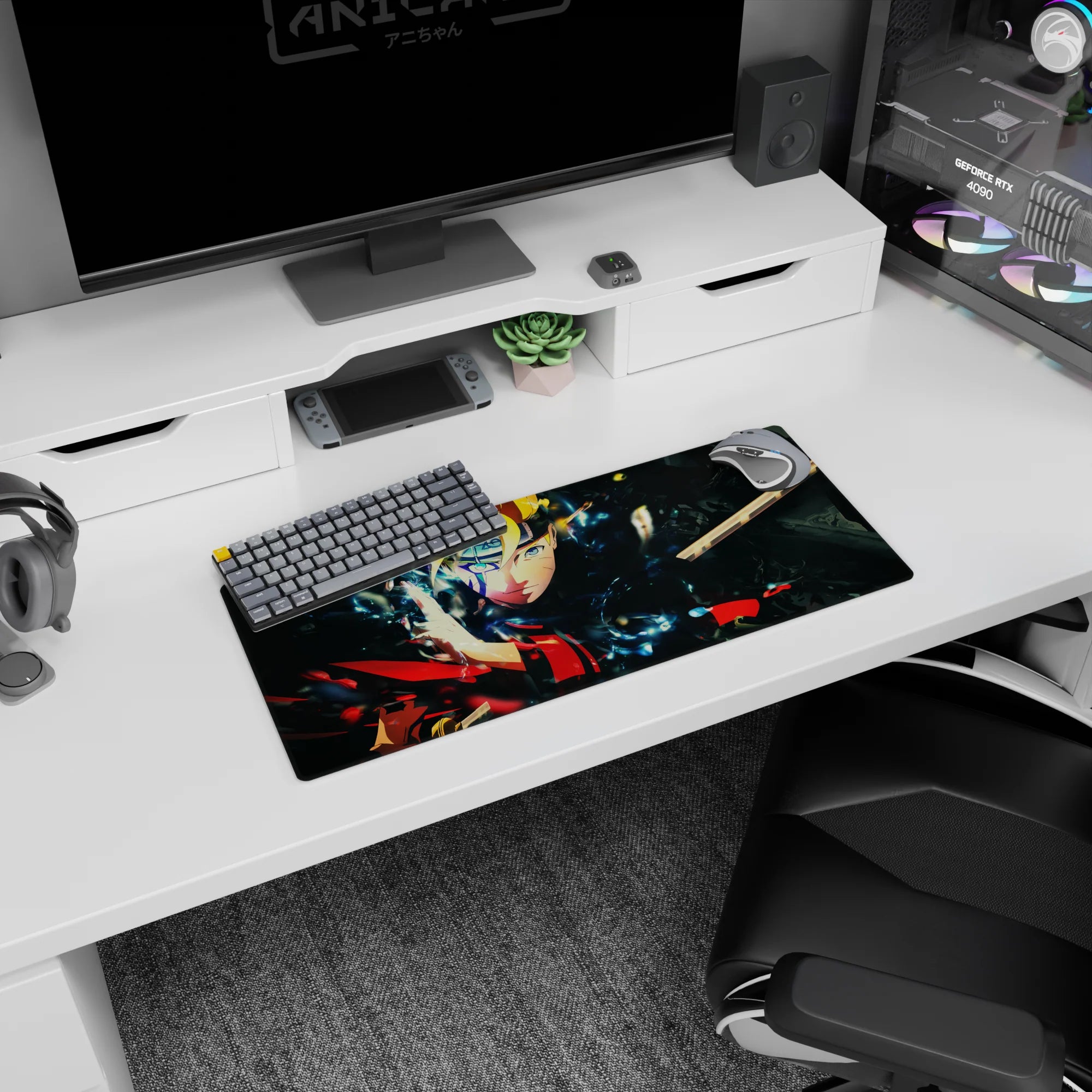 28x12 inches anime mouse pad showing Boruto Uzumaki grinning with shining headband, lightning aura and debris.