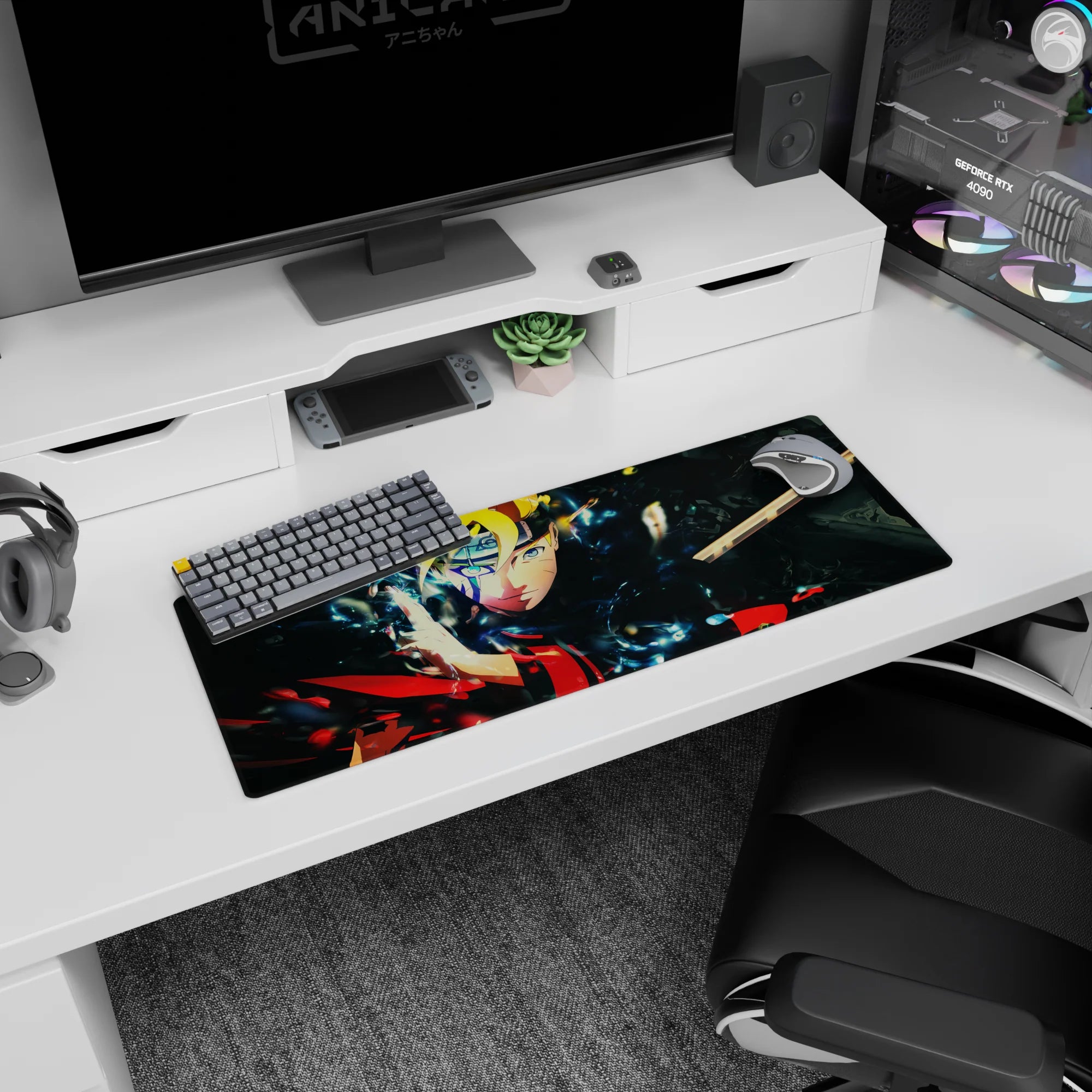 32x12 inches anime mouse pad showing Boruto Uzumaki grinning amid lightning effects and shattered dimension shards.