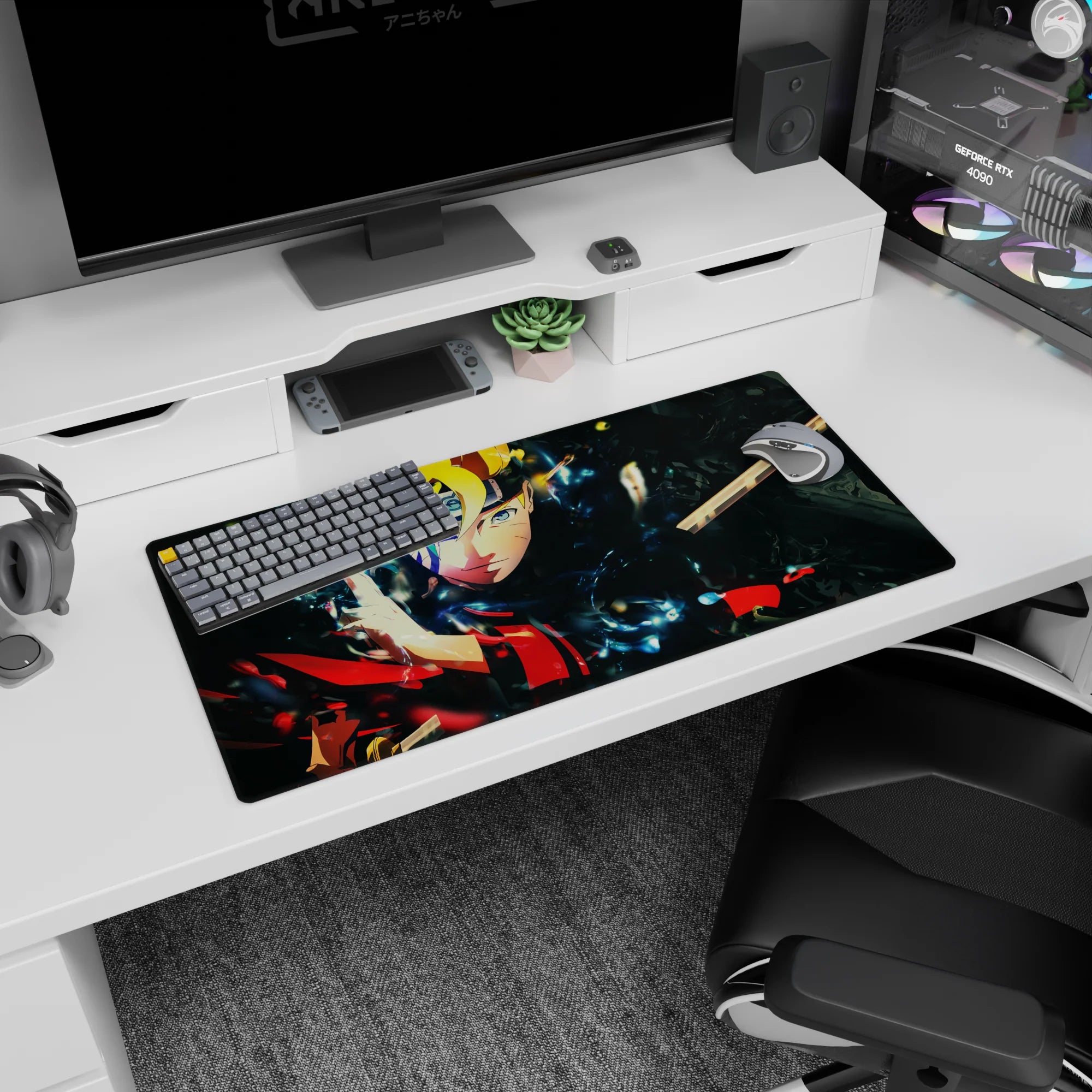 32x16 inches Boruto Uzumaki mouse pad from Naruto, calm grin facing forward with crackling aura and dark shards.