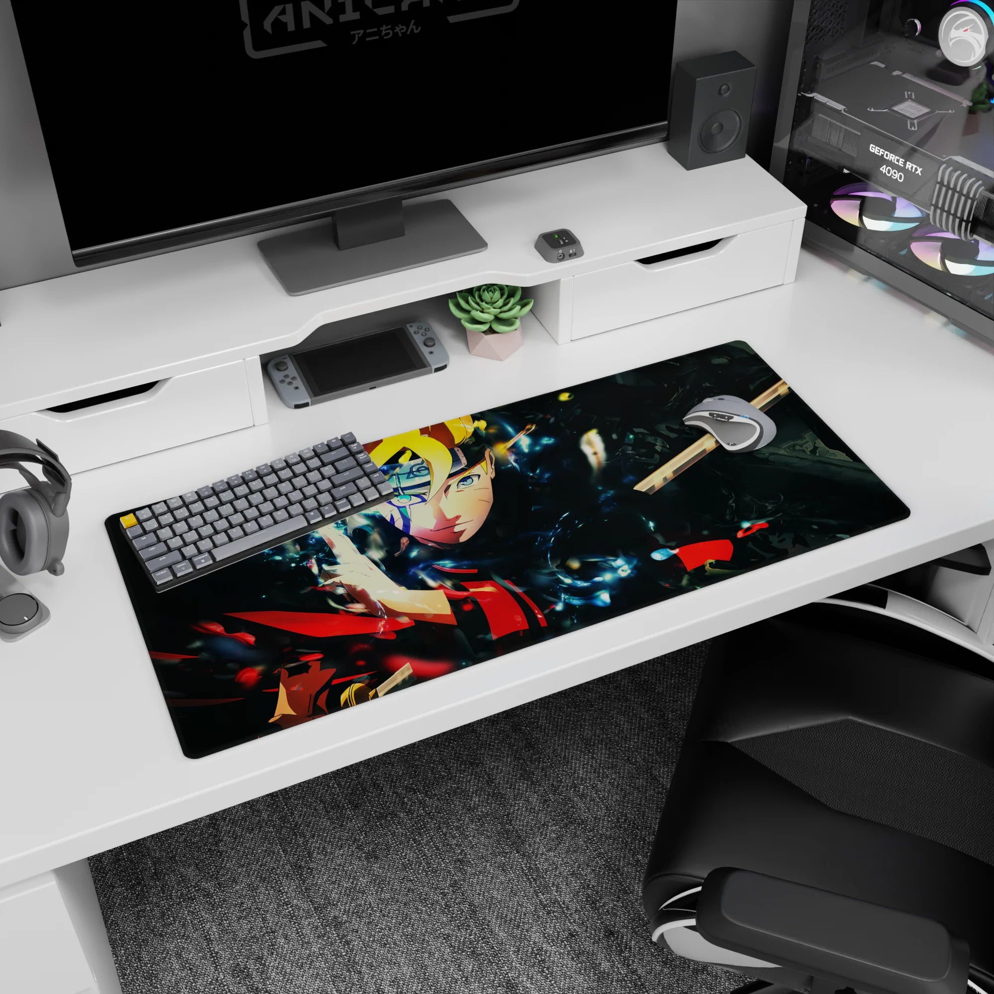 36x16 inches Boruto Uzumaki anime desk pad featuring his calm grin, crackling blue energy, and drifting dark shards.