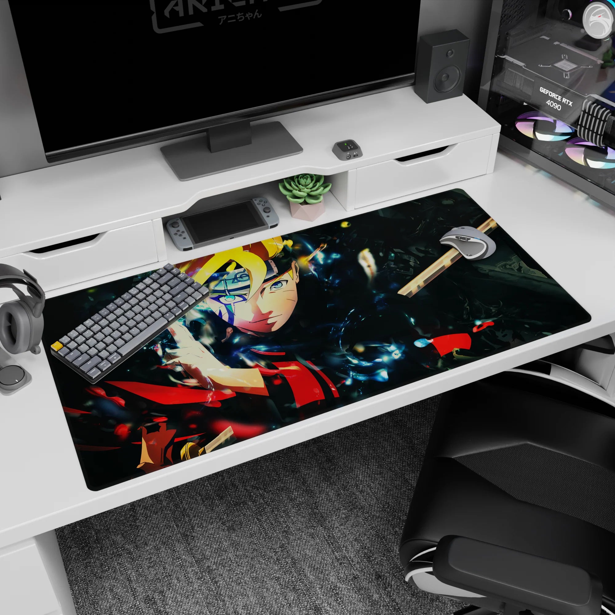 40x20 inches anime desk pad featuring Boruto Uzumaki staring forward, blue crackling aura and shattered void.