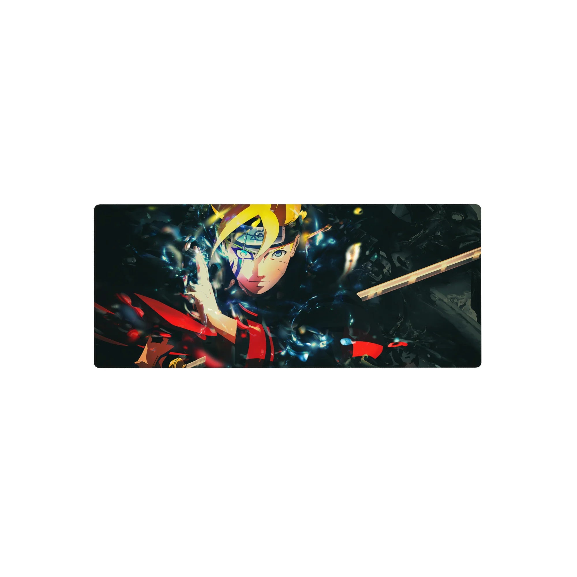 28x12 inches anime mouse pad with Boruto-style ninja portrait, cracked dimension shards, smooth glide surface.