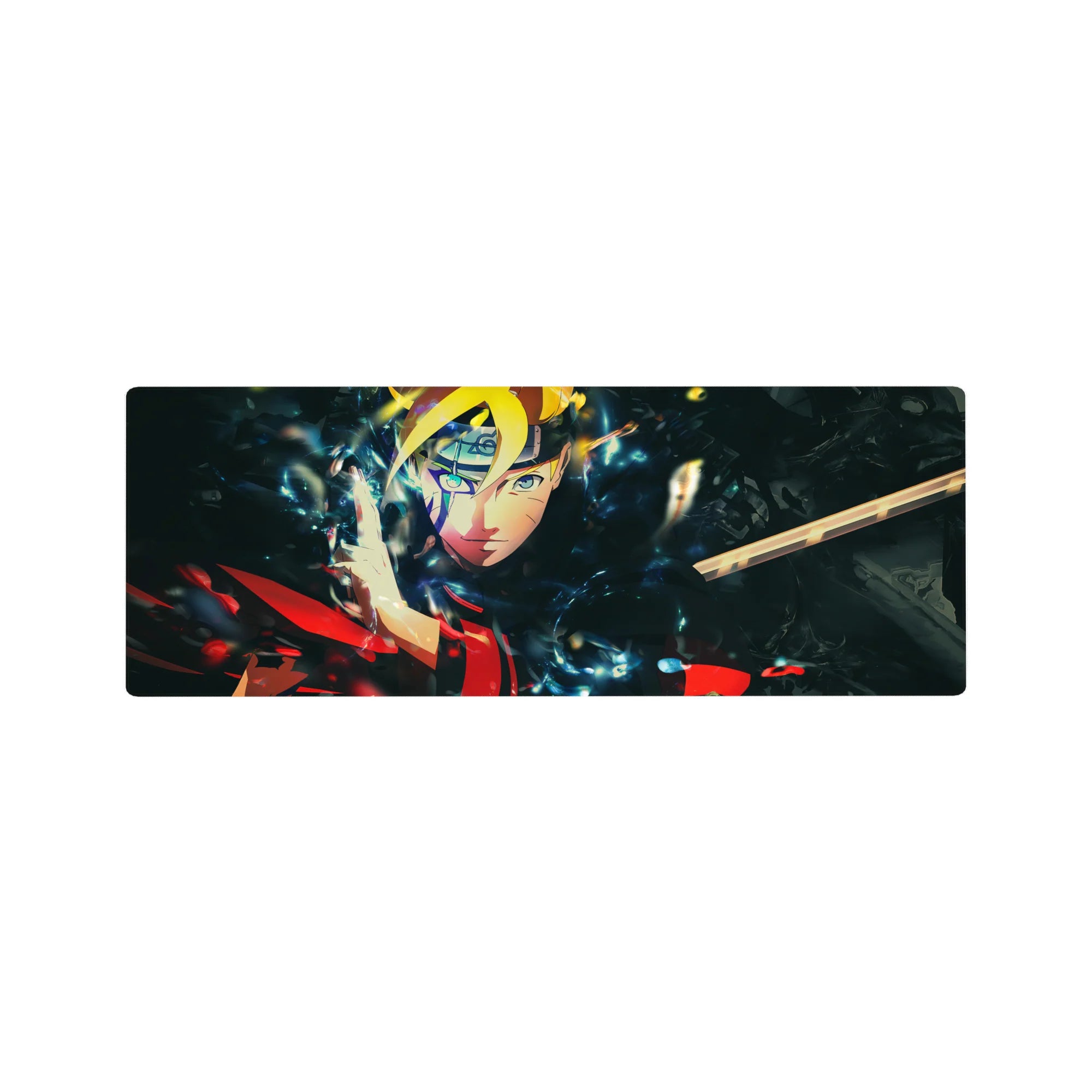 32x12 inches anime mouse pad with Boruto-inspired art, headband shine, smoky black shards, smooth glide.