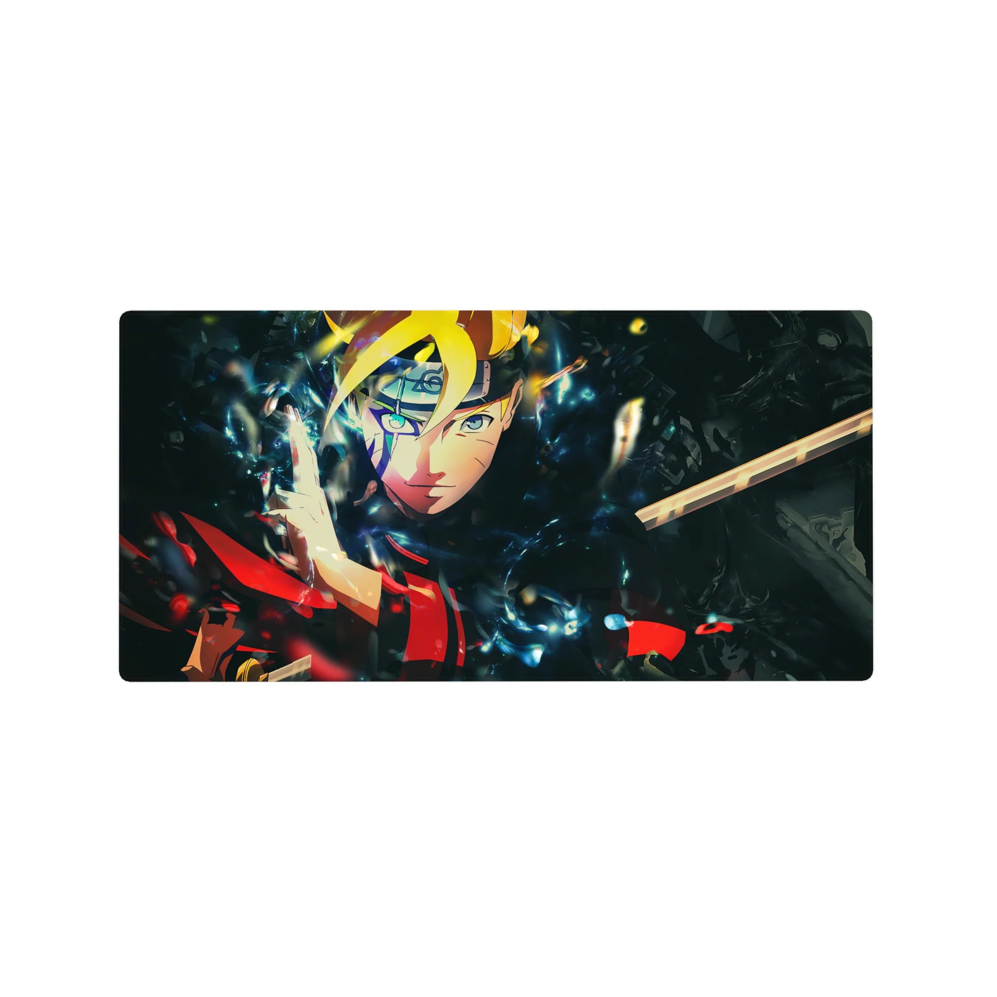 32x16 inches anime mouse pad with Boruto-style portrait, glowing headband, and shattered dimension shards.