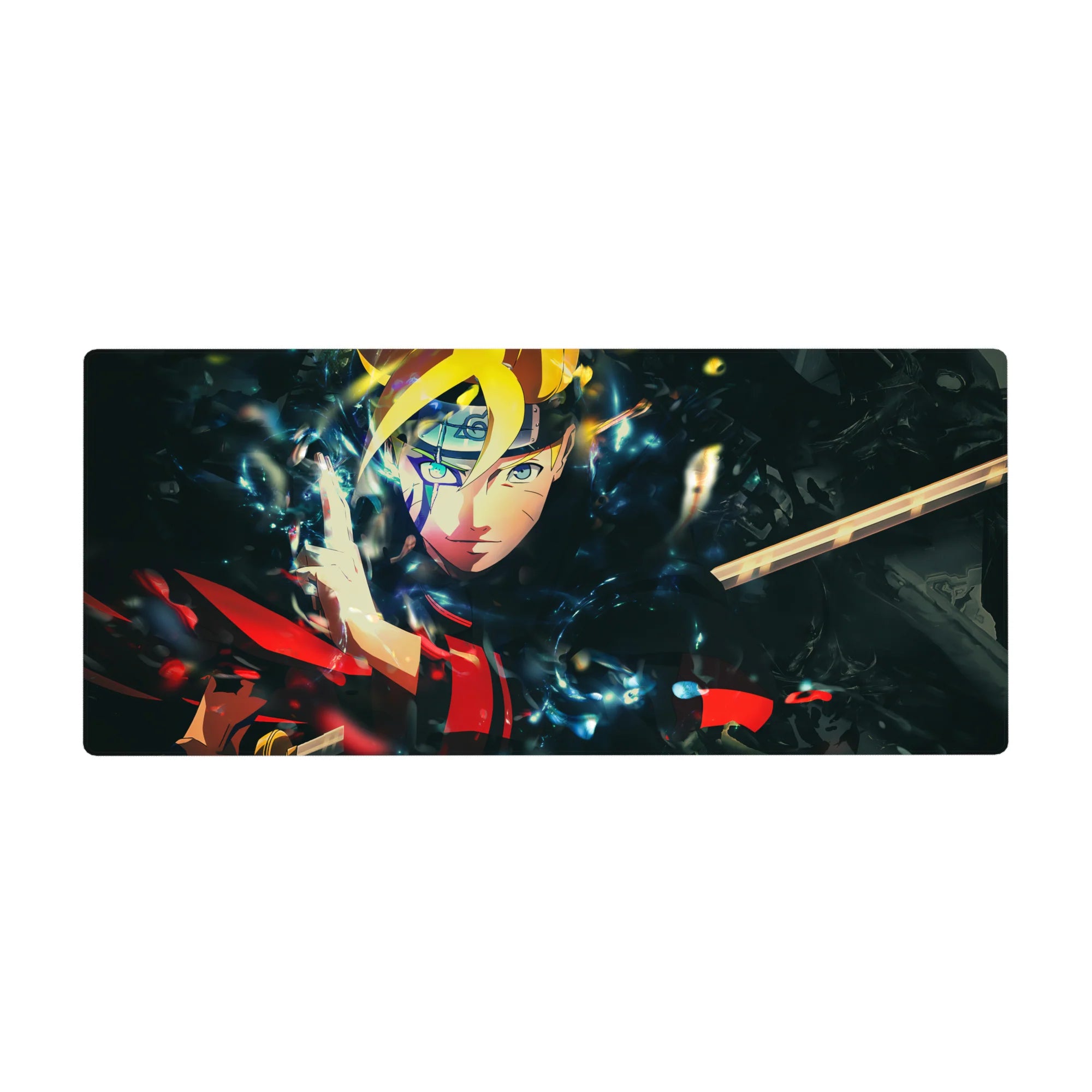 36x16 inches anime desk pad with Boruto-style ninja art, glowing headband, and shattered-dimension shards.