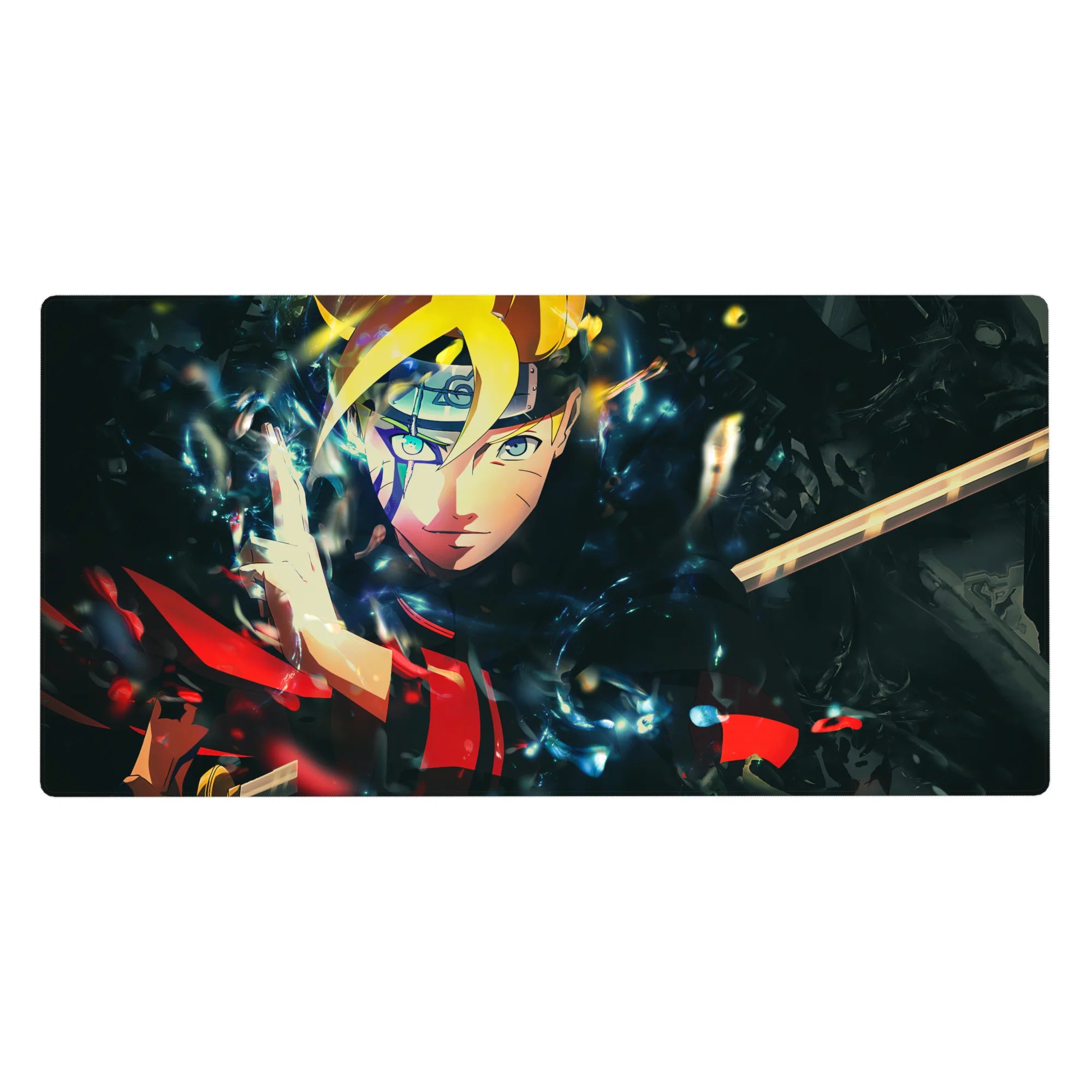 40x20 inches anime desk pad with Boruto grin, electric blue energy and smoky black dimension shards.