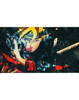 40x20 inches anime desk pad with Boruto grin, electric blue energy and smoky black dimension shards.